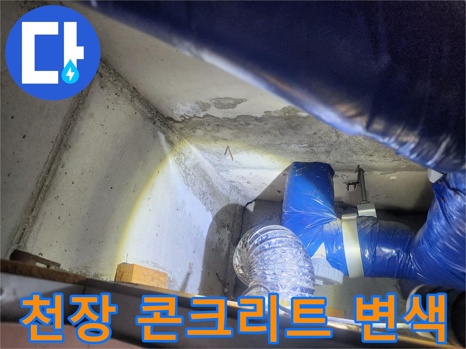 누수로 인해 변색된 천장 벽면과 파란 배관의 모습