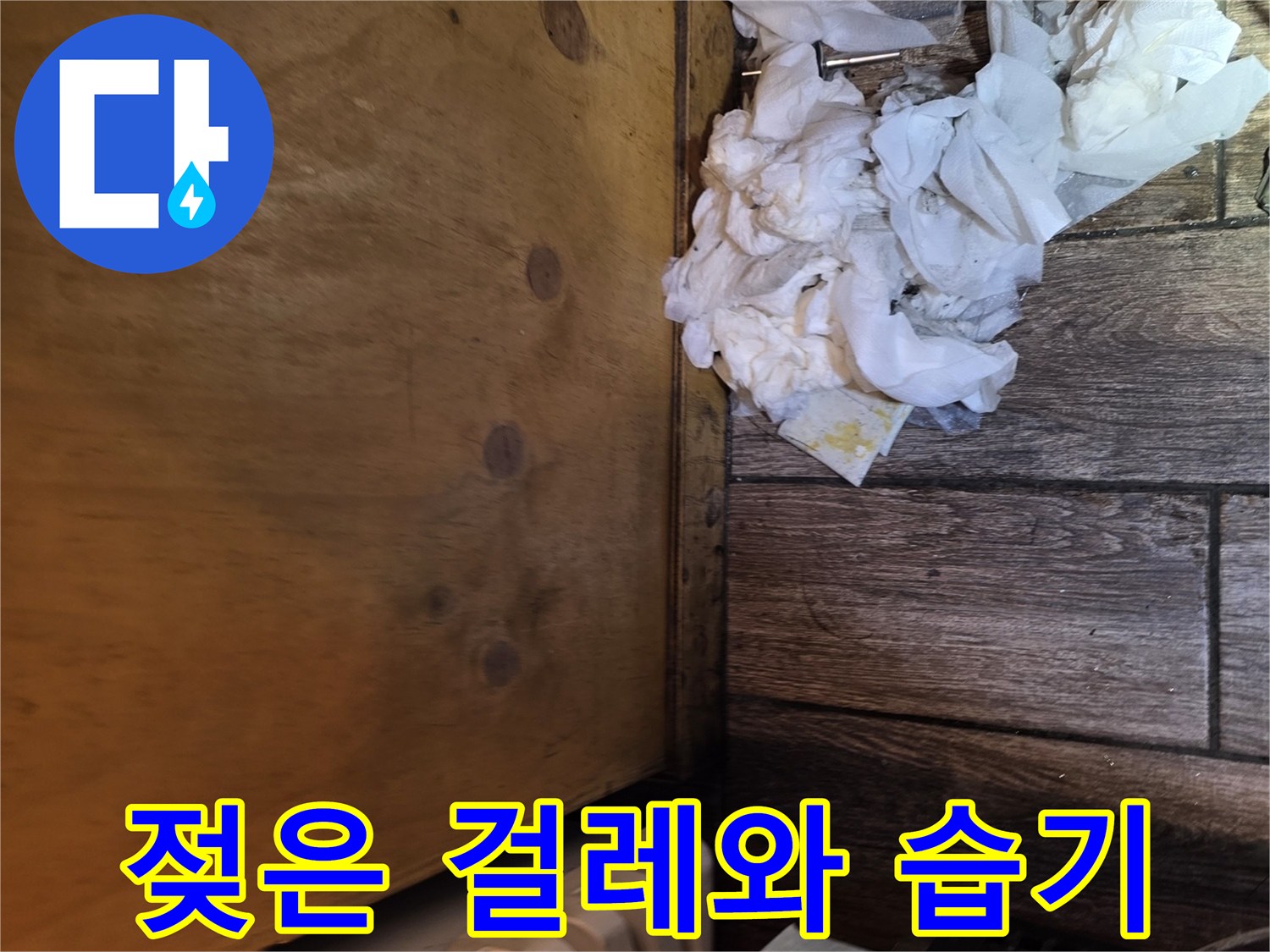바닥 틈새로-스며든 물기와 젖은 천 조각