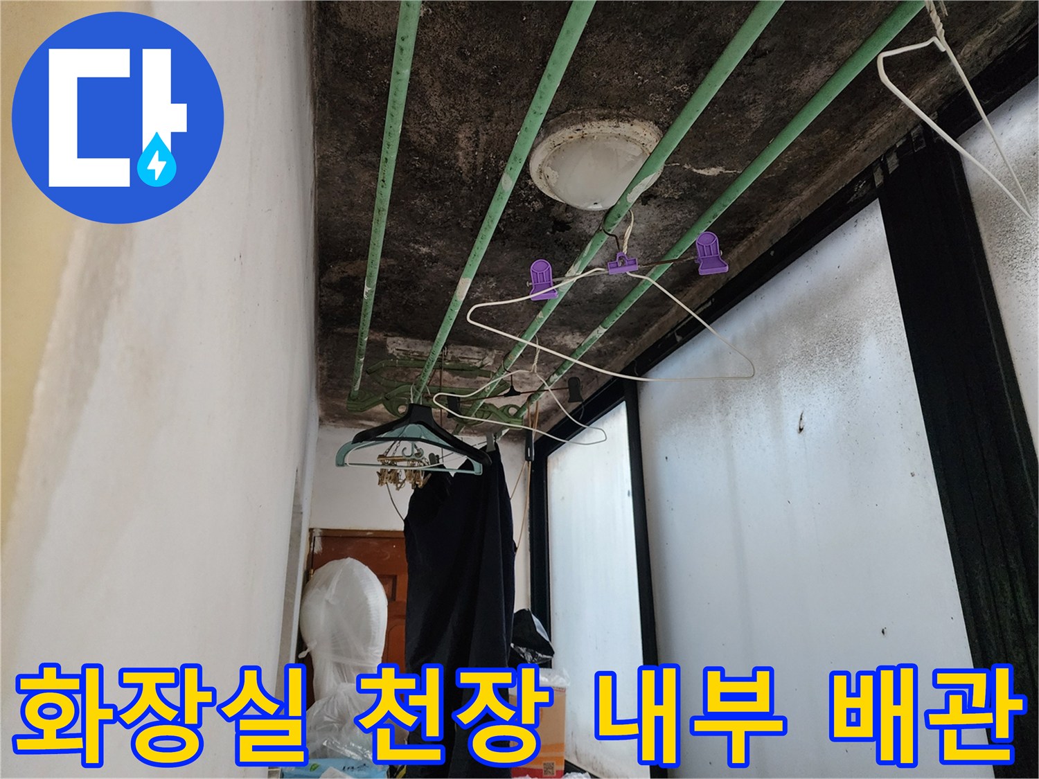 곰팡이가 발생한 화장실 천장 슬래브와 배관
