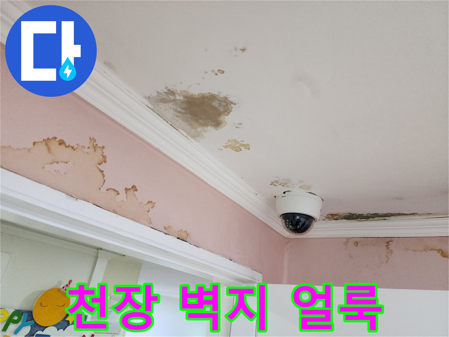 천장 몰딩 주변에 발생한 누런색의 물샘 흔적과 얼룩