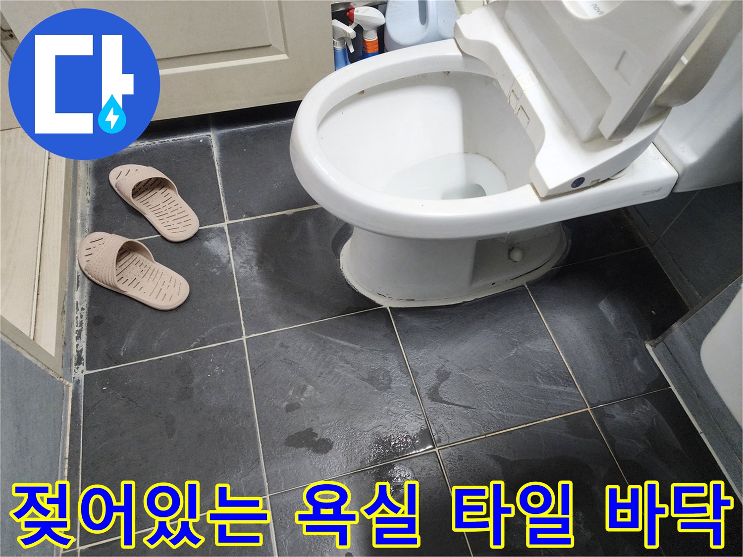 변기-옆쪽-어두운-색상의-타일이-물에-젖은-모습