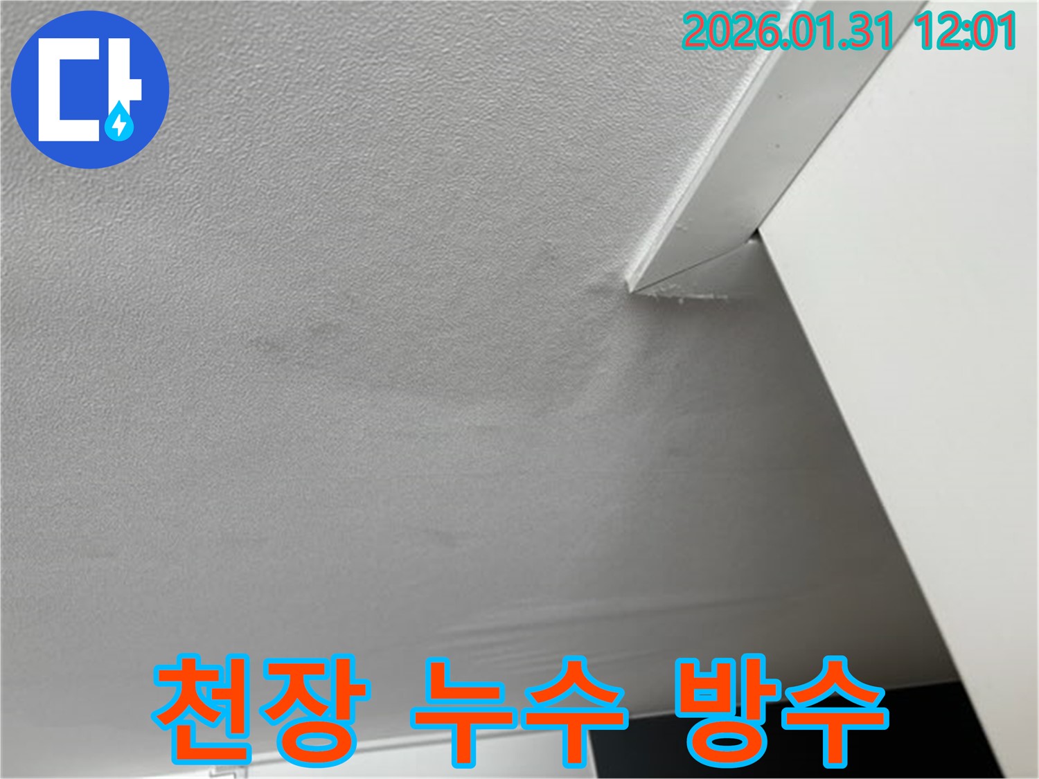 천장 누수 방수 - 천장 누수 부위에 방수 시공을 하는 모습입니다. 완벽한 방수 시공으로 누수를 해결합니다.