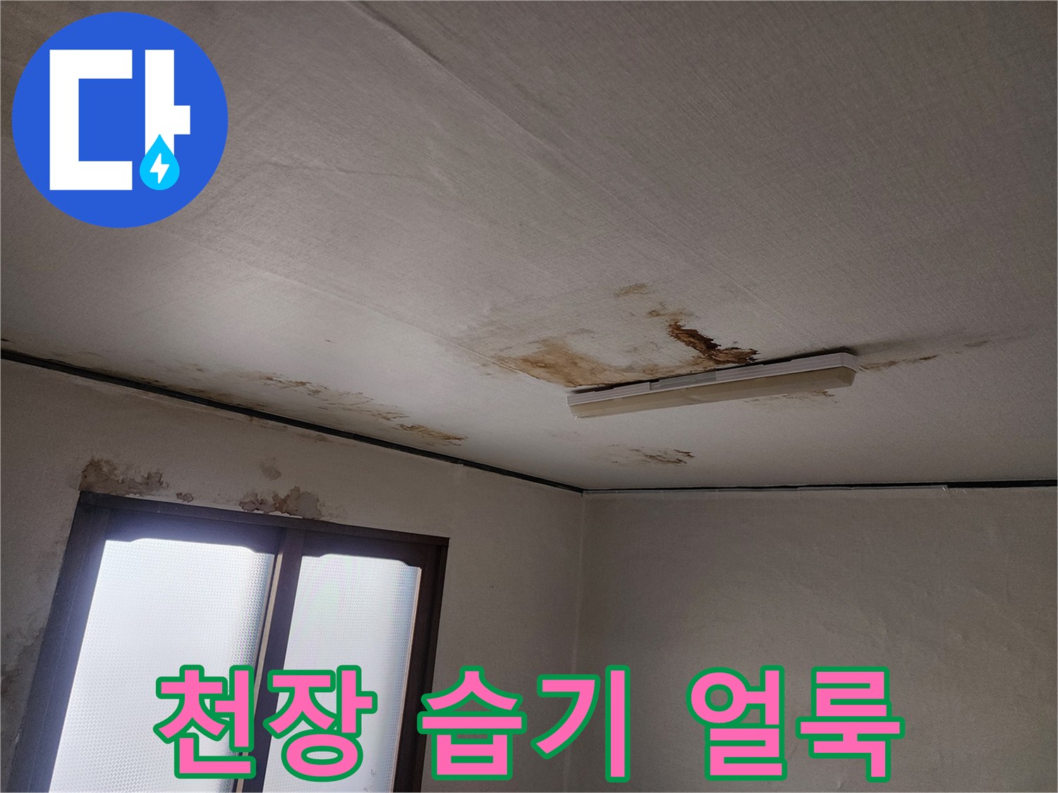 아파트 거실 천장에 발생한 갈색 누수 오염 부위