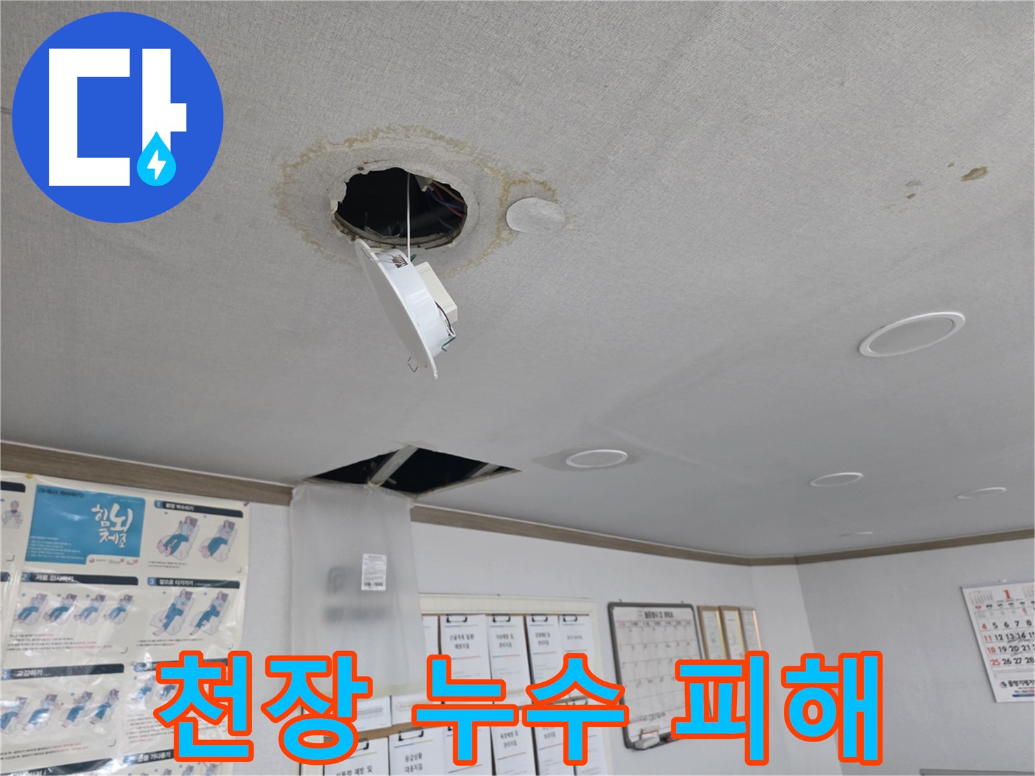 목동 건물 천장 누수 피해 현장 - 천장에서 물이 떨어져 조명이 파손된 모습, 빠른 누수 탐지와 보수가 필요