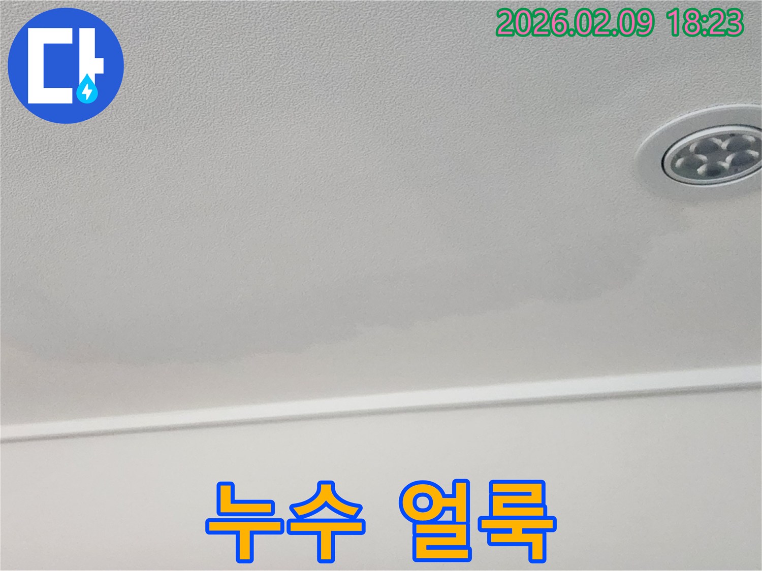 주거 공간 천장에 나타난-명확한 물샘 자국을 담은-누수 증거 사진