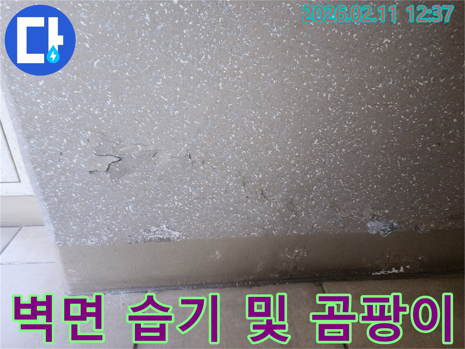 이 이미지는 벽면 하단에 물이 고여 있고-벽면 마감재가 습기로 인해 변색되고 곰팡이가 생기기 시작한 누수 현장을 보여줍니다.