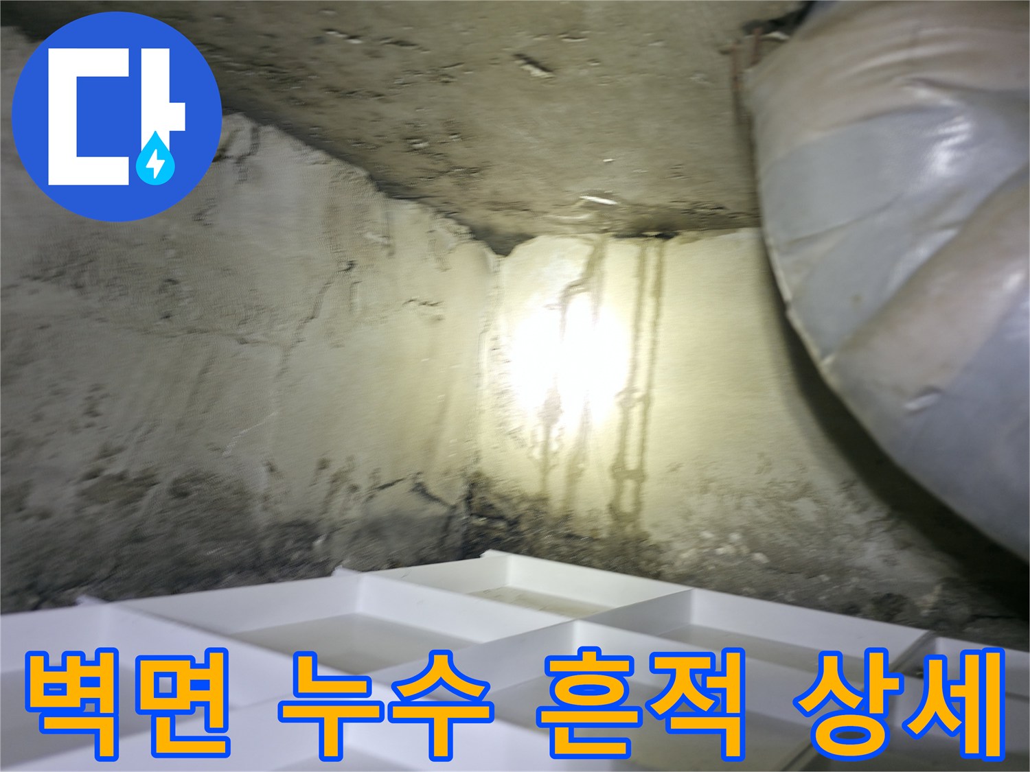 천장 구석 벽면에 발생한 젖은 자국 및 습기 상태