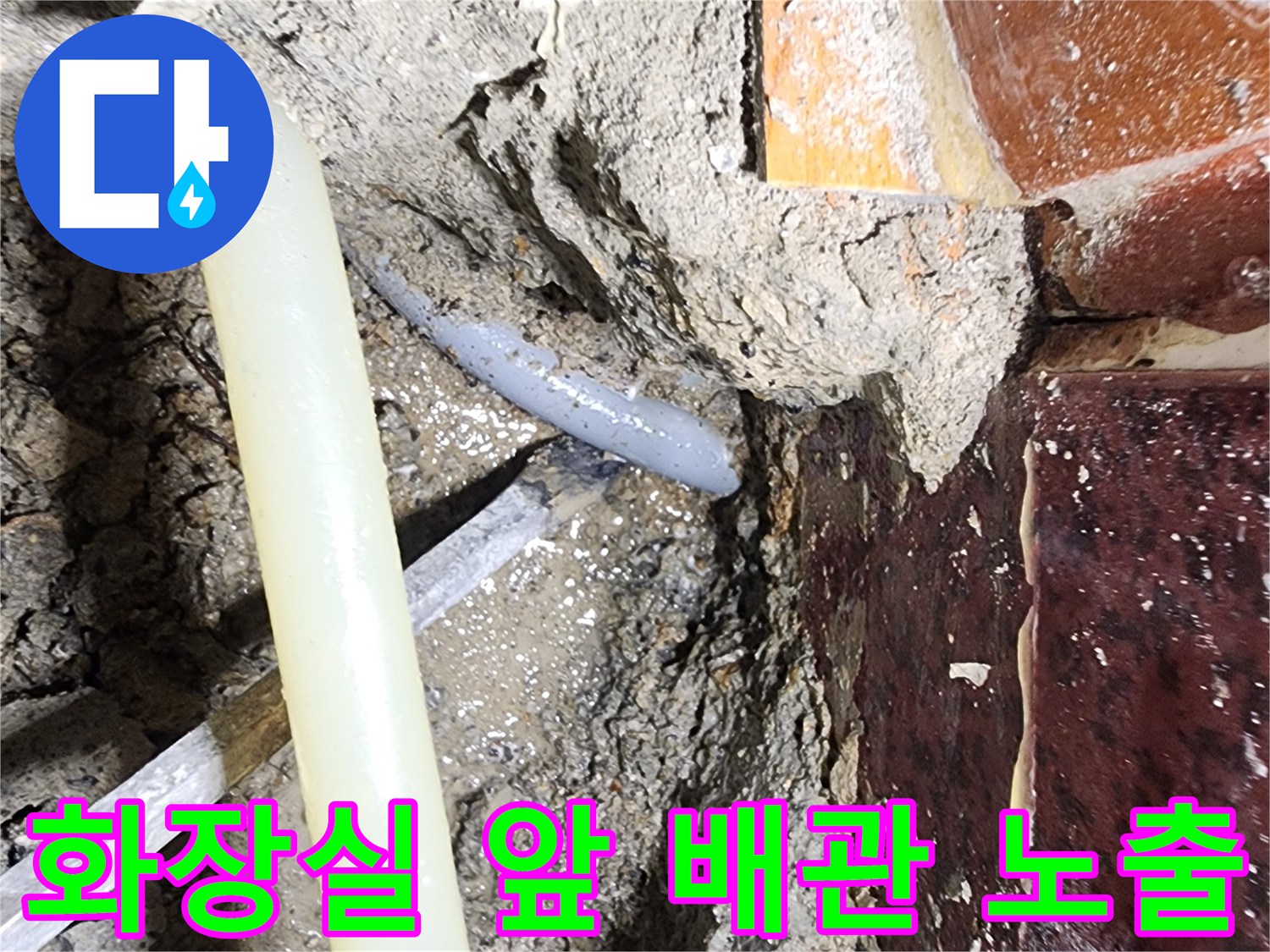 타일과 마루 경계 틈새를 굴착하여 확인한 배관 누수 지점