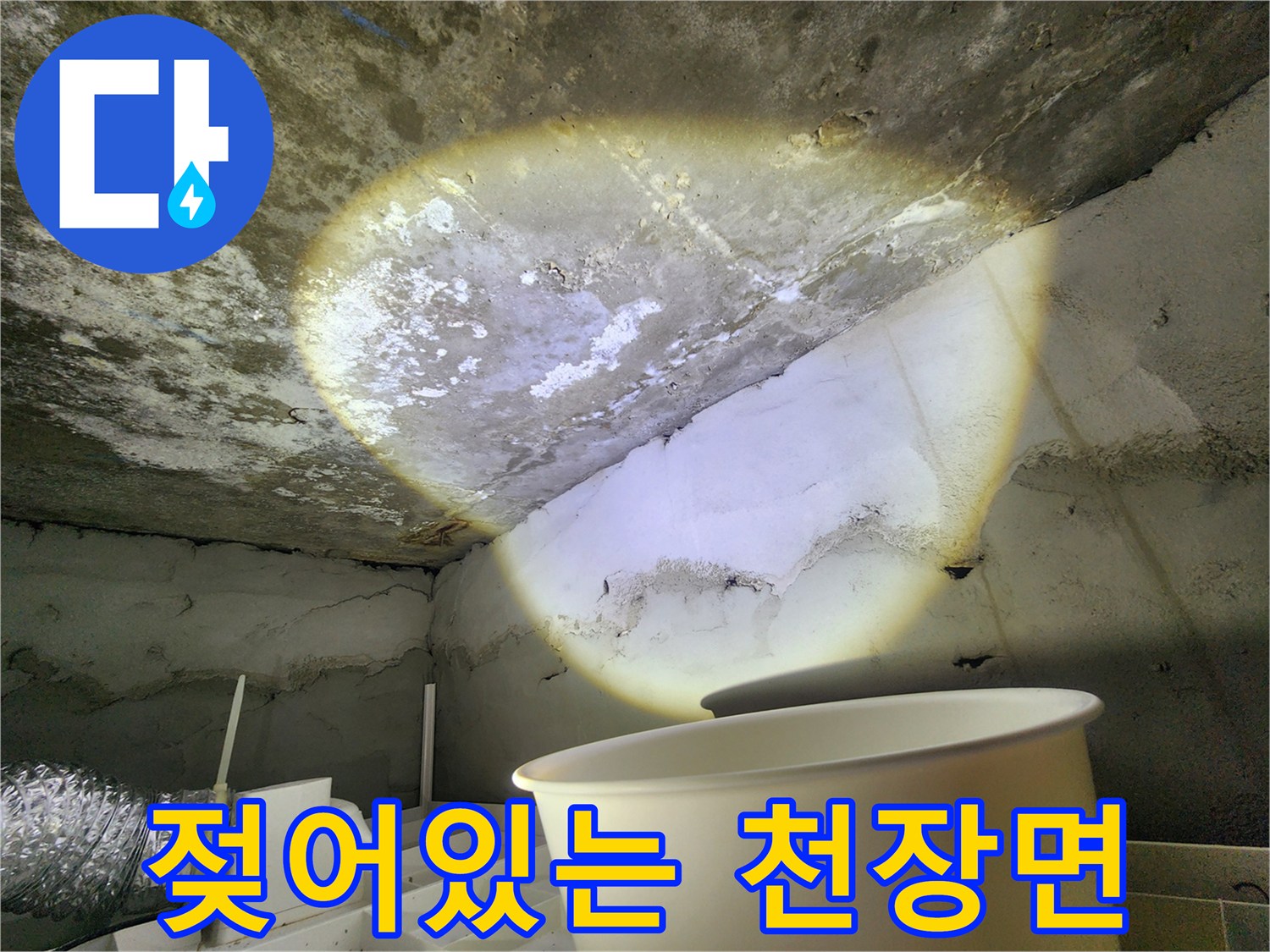 습기가 침투하여 변색된 콘크리트 슬라브