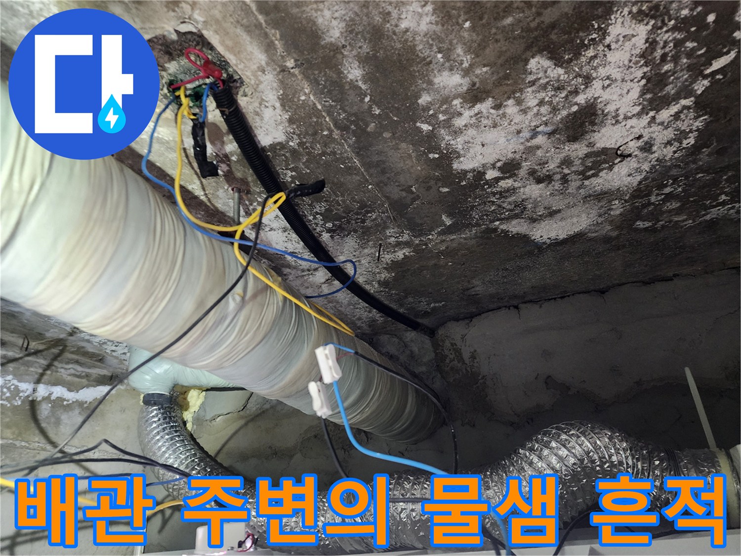 습기로 인해 변색된-화장실 천장 내부 배관 및 전선 라인