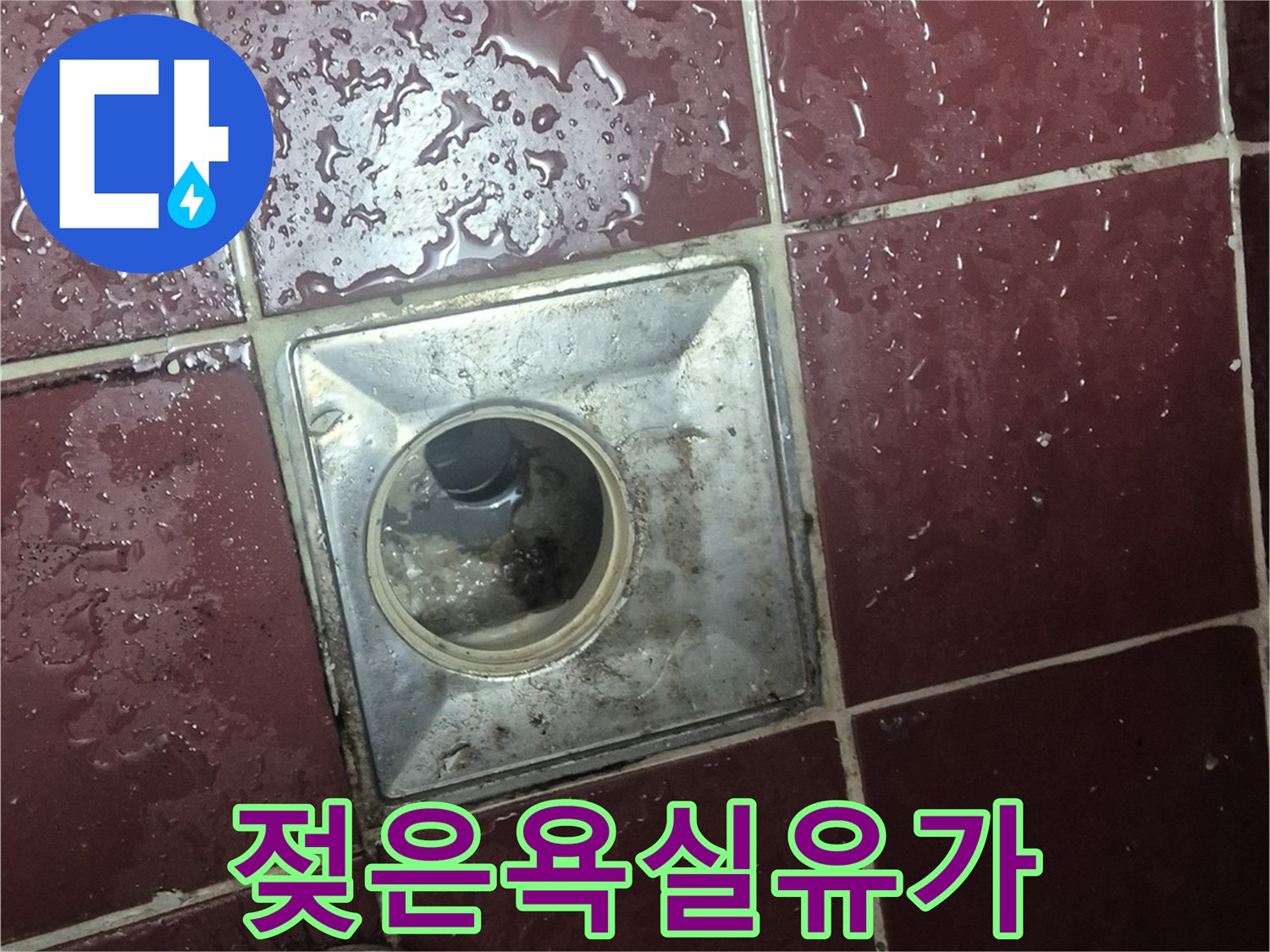 물기에 젖어있는 화장실 배수구 유가와 주변 타일 표면