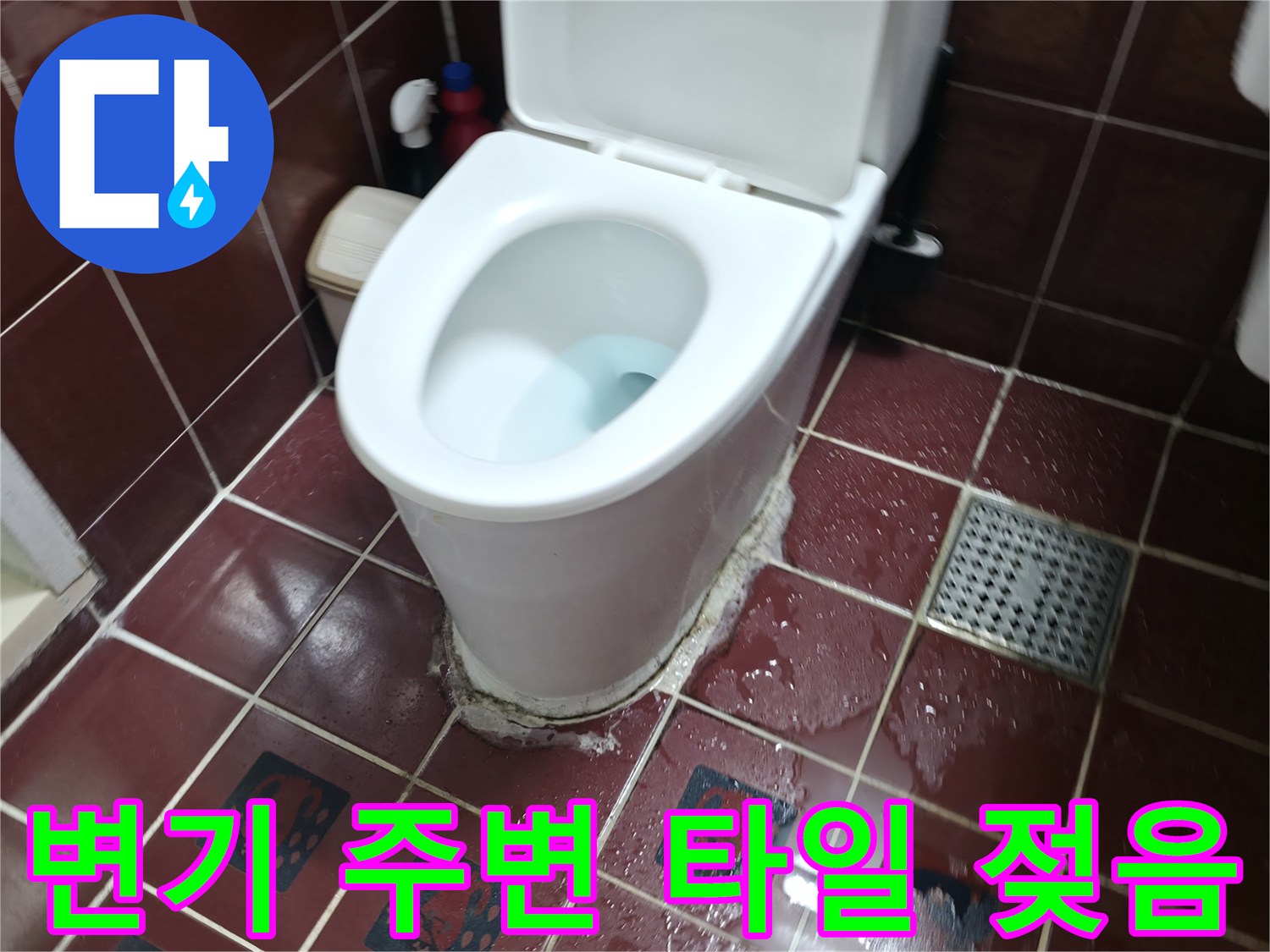 양주 백석읍-변기 하단 및 배수구 주변의 젖은 타일 표면