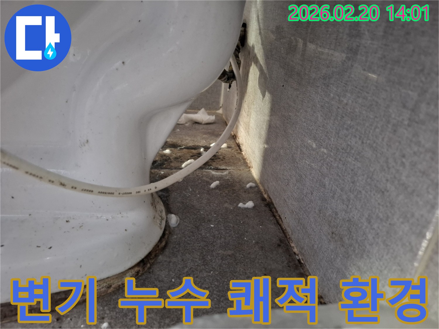 변기 하단에서-발견된-누수 현상을-해결하여-쾌적한 환경을-조성하기 위한-공사 전-현장 사진입니다.