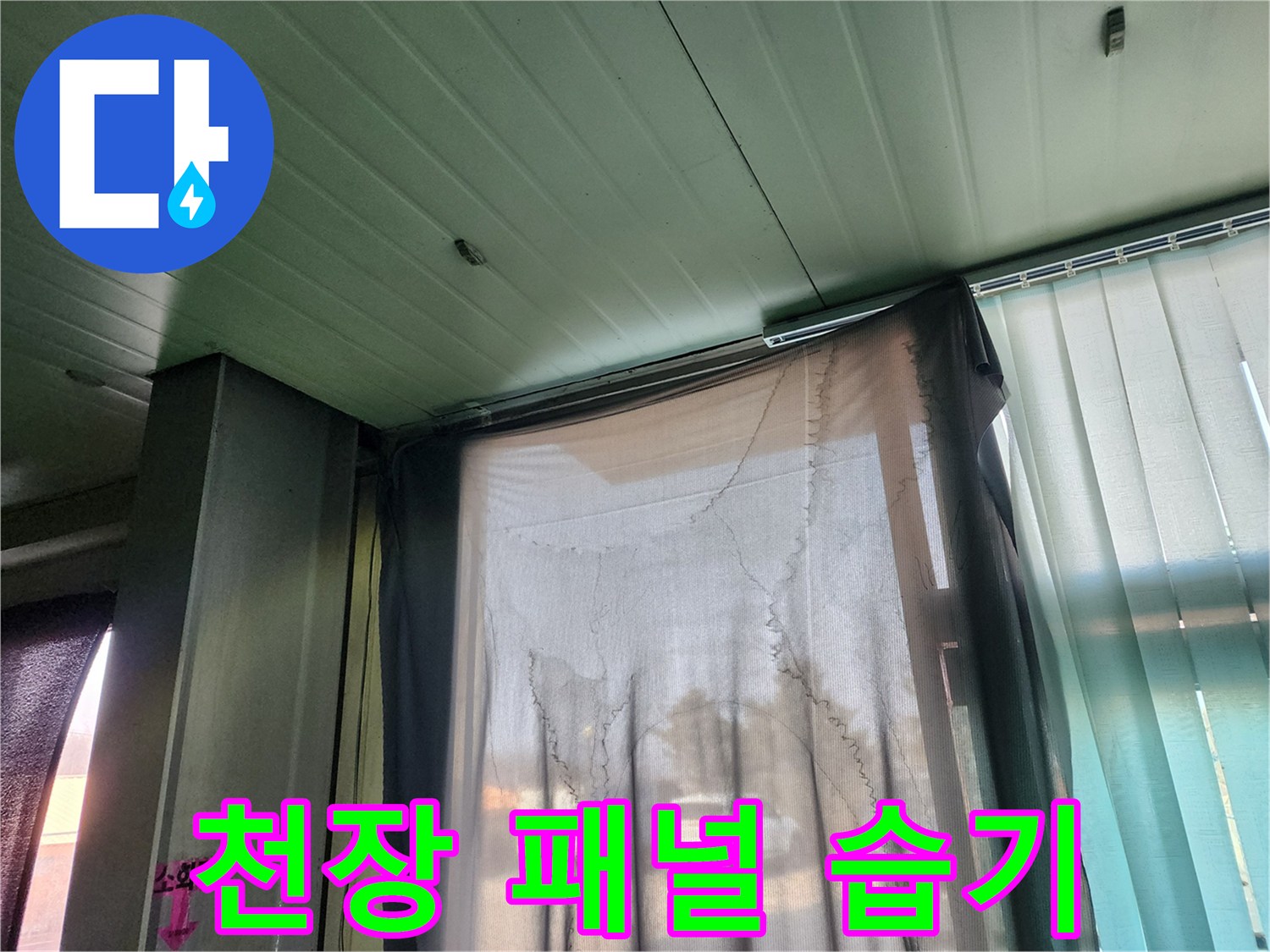 연두색 천장 패널 틈새에 보이는 습기 및 물기 흔적
