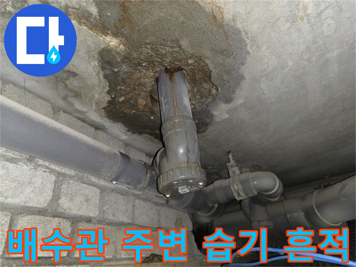 오배수관 연결 부위의 누수로 인한 콘크리트 변색