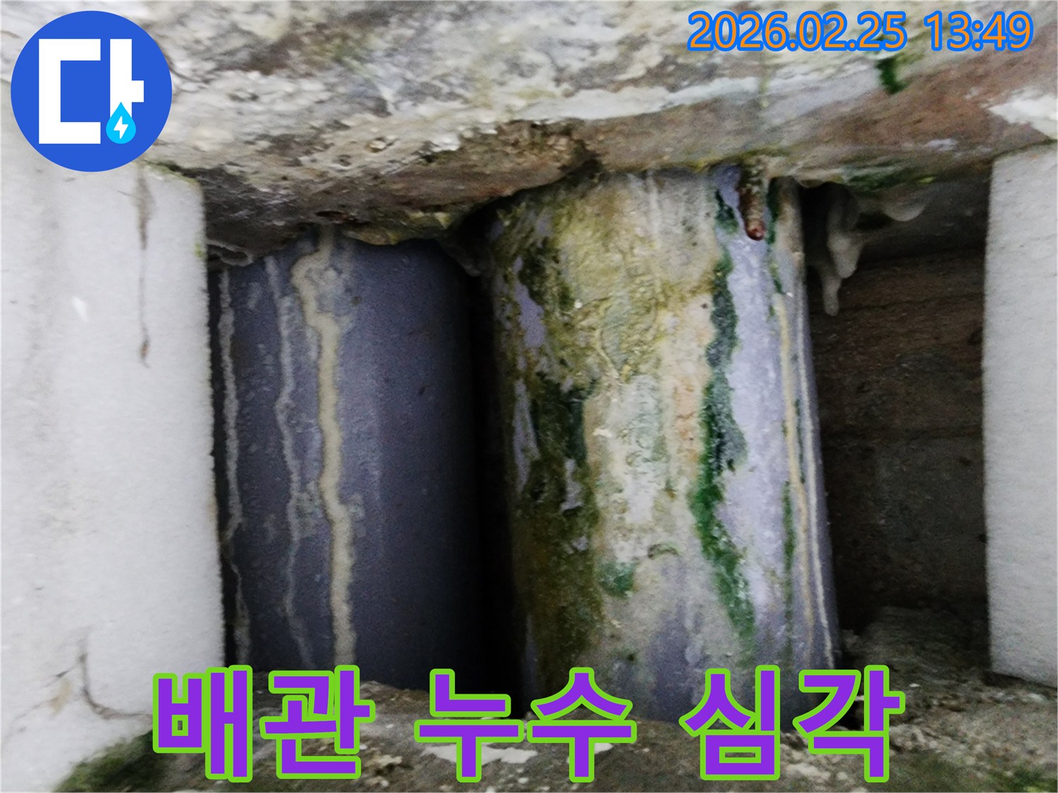 오래된 배관에서-심각한 누수가 발생하여-주변이 곰팡이와 석회질로 덮인 모습