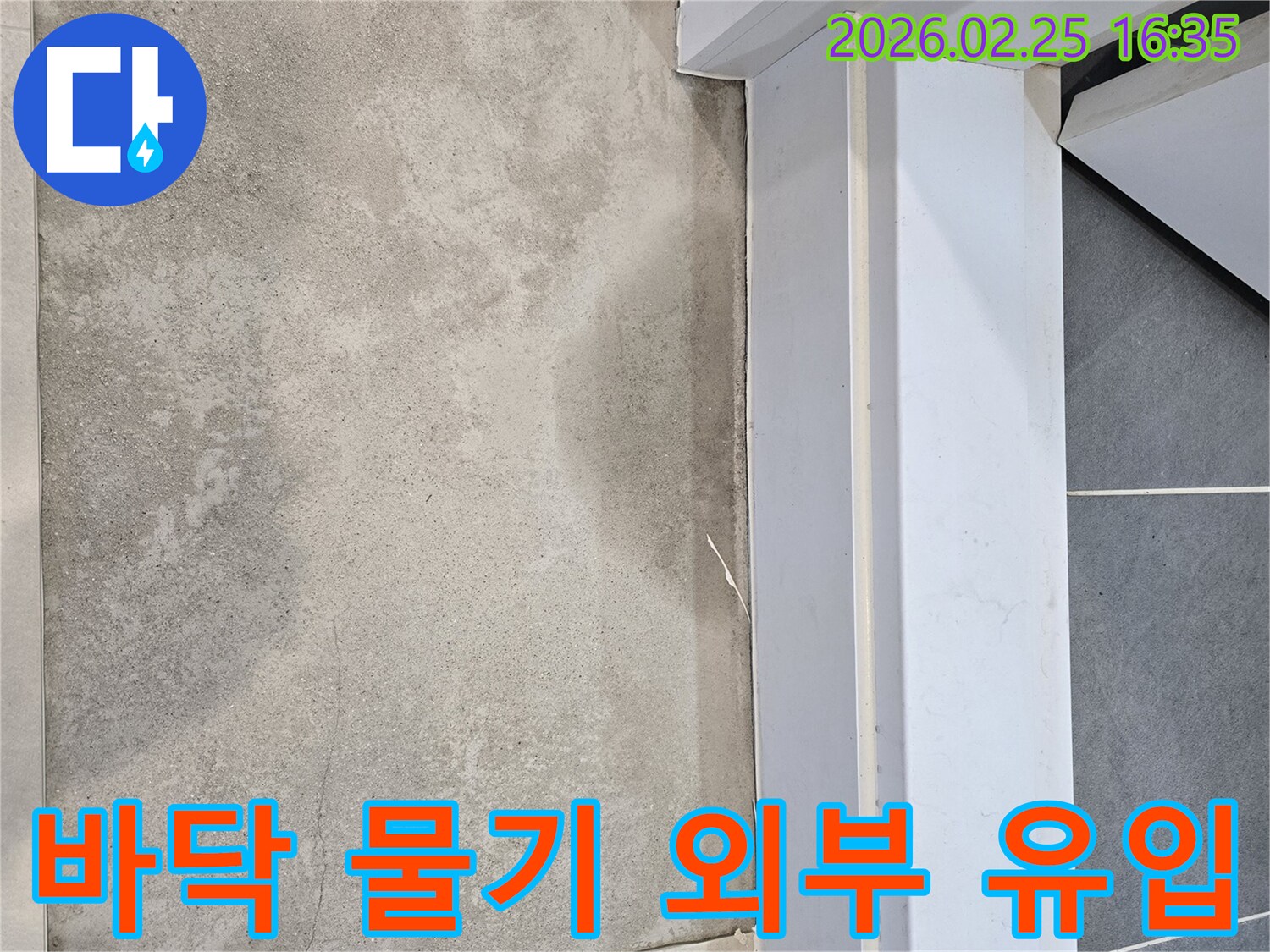 누수-전문가가-바닥에-고인-물기를-확인하며-외부로부터의-물-유입-가능성을-조사하는-모습