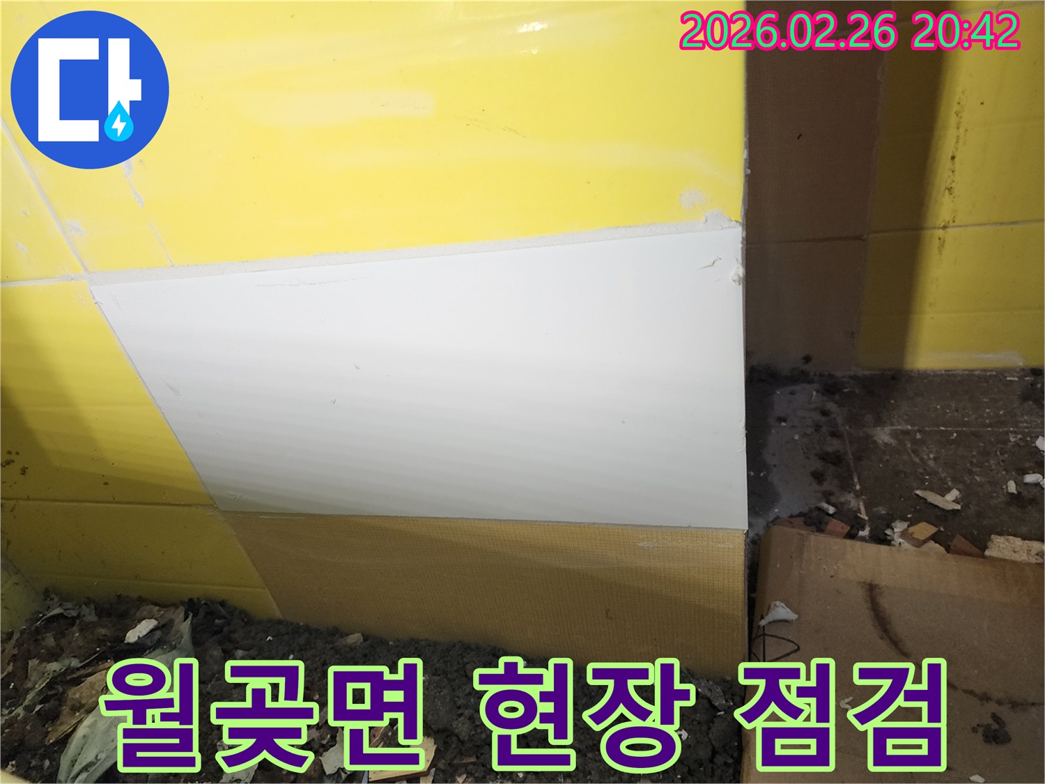 김포시 월곶면의 누수 현장에서-타일을 제거하고-초기 현장 상태를 점검하는 작업 사진입니다.