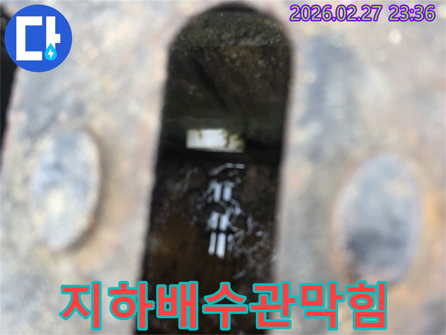 녹슨-철제-배수구-아래-고인-물과-물속에-잠긴-배관-일부가-보이는-배수관-막힘-현장