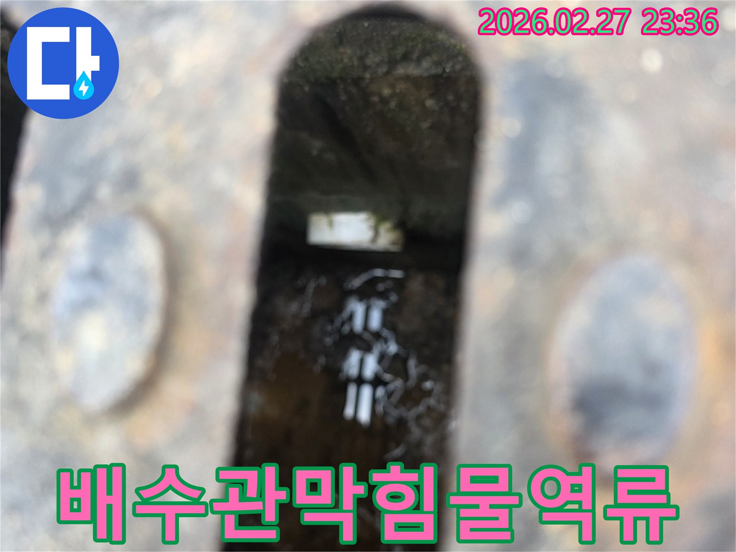 녹슨-철제-배수구-아래-고인-물과-물속에-잠긴-배관-일부가-보이는-배수관-막힘-현장