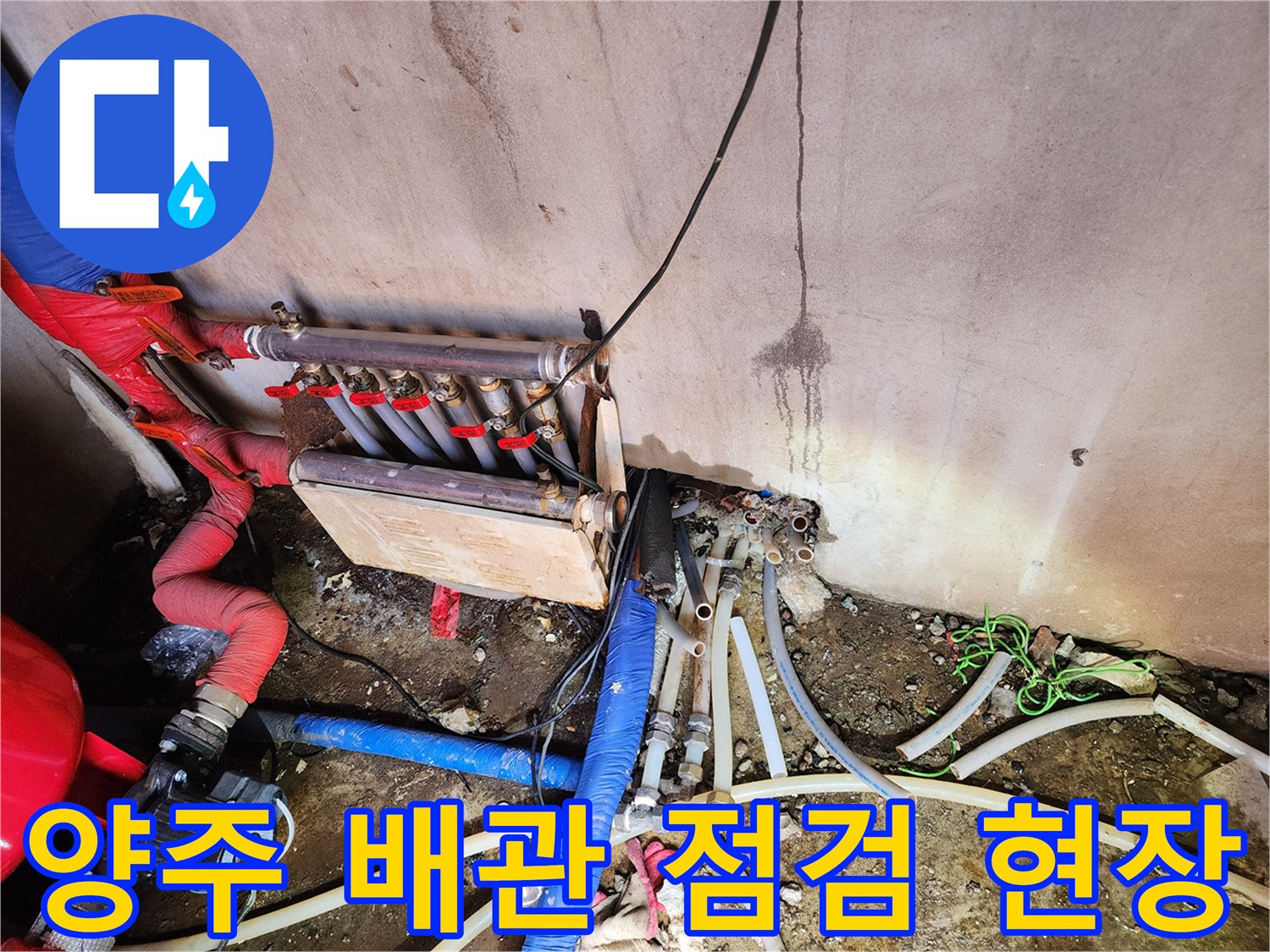 양주 현장의 노후된 분배기와 복잡하게 얽힌 배관 상태