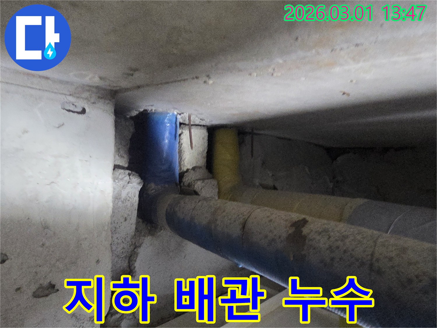파란색 단열재로 감싸진-주요 배관에서-누수가 의심되는-지점을 촬영했습니다.
