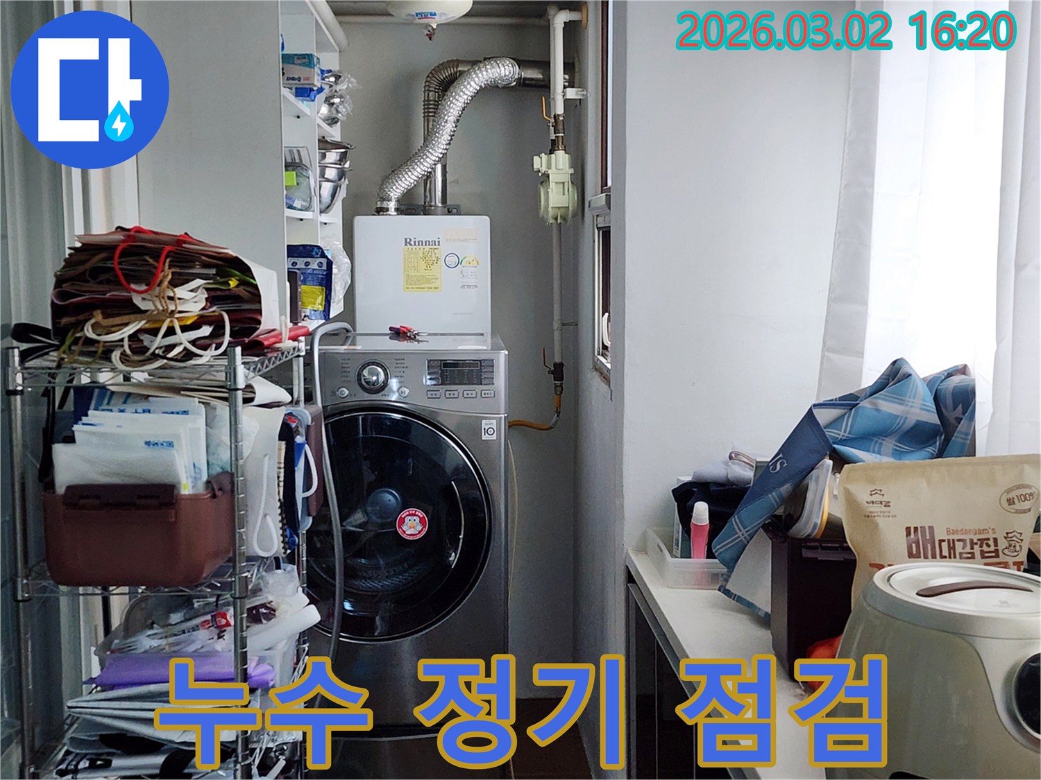 보일러와-세탁기가-있는-다용도실에서-누수-예방을-위한-정기-점검을-실시하는-전문가의-모습