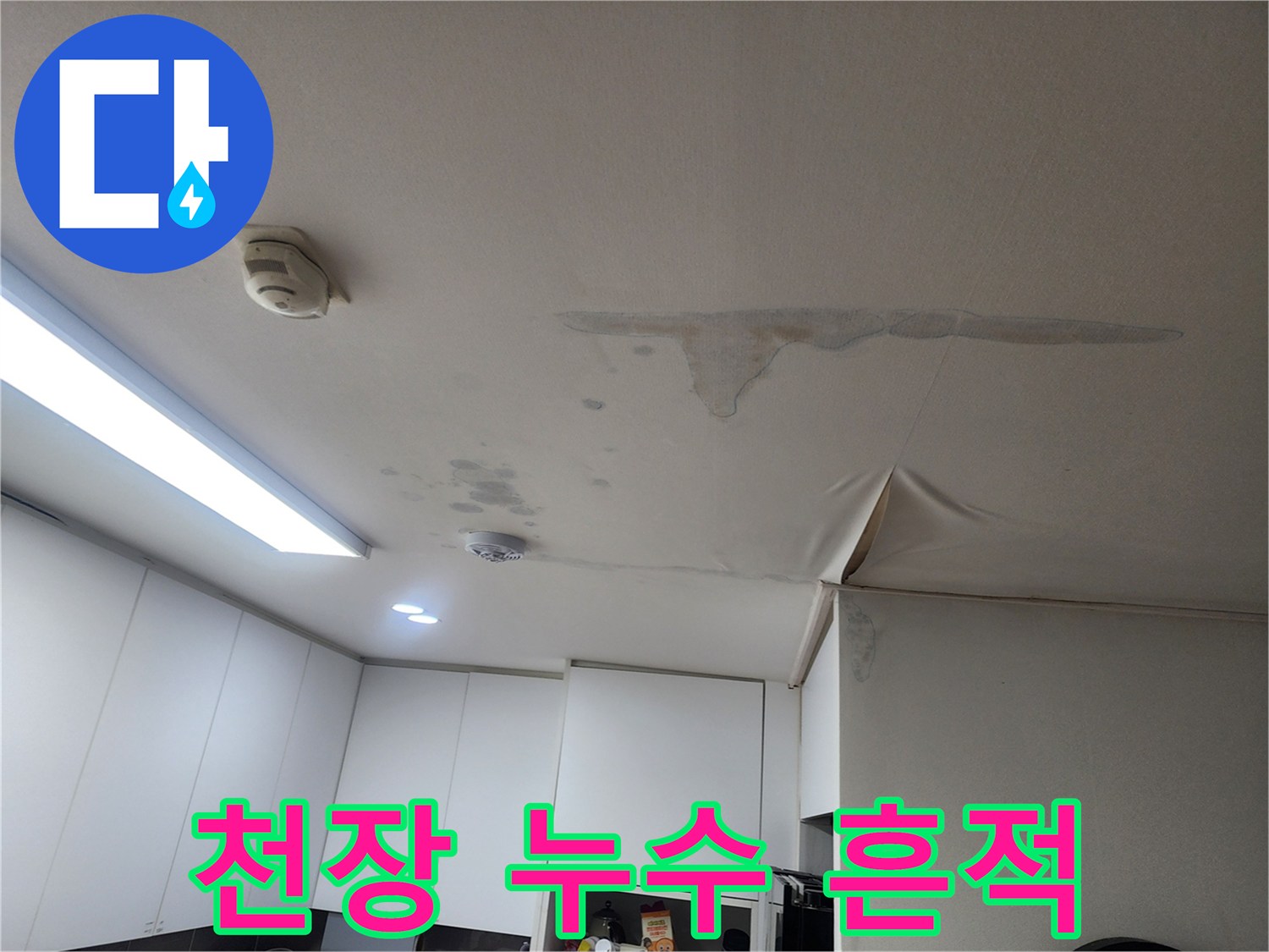 천장 중앙부에 넓게 퍼진 수분 침투 및 변색 부위