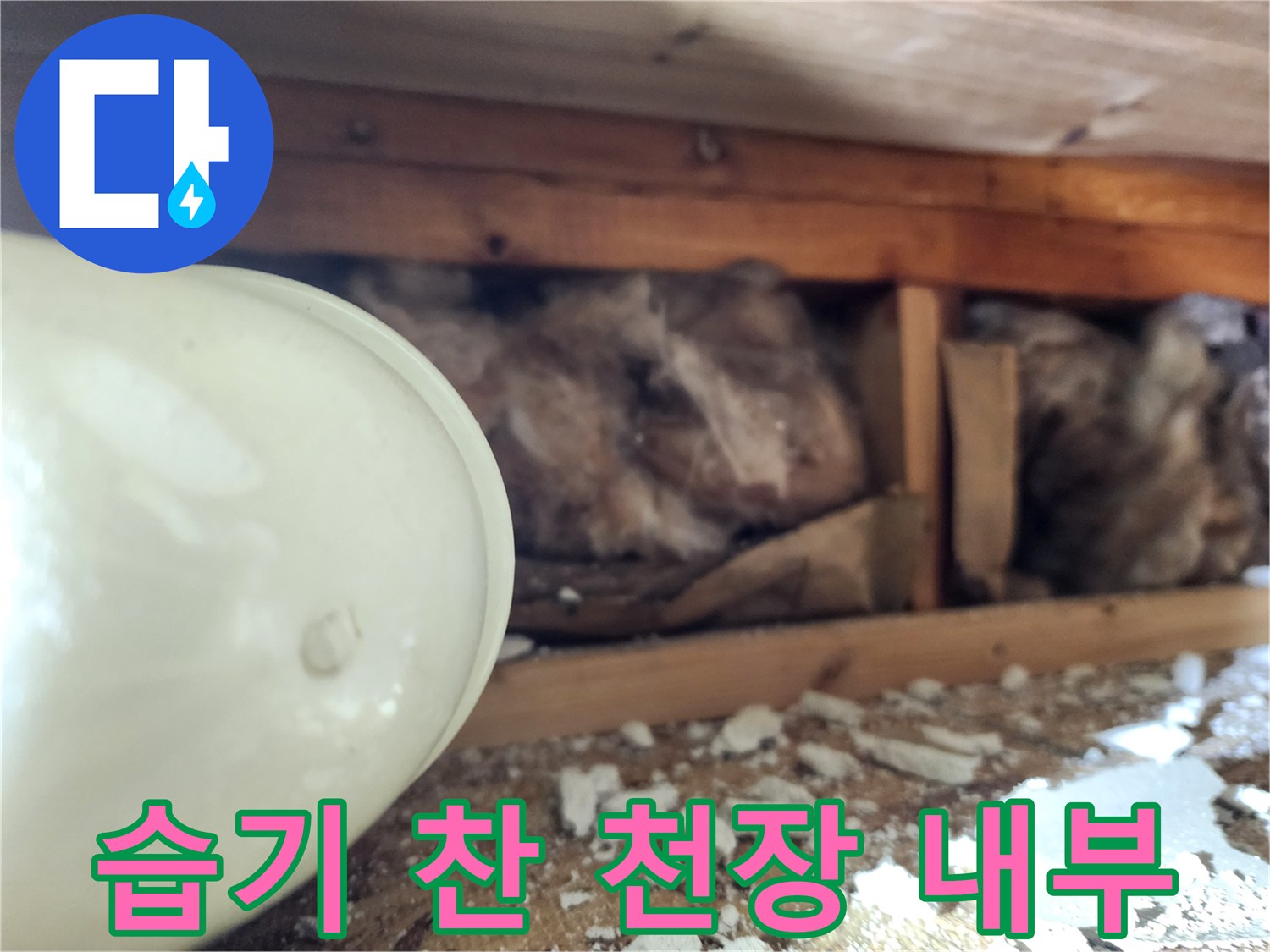 누수 발생 부위-습기로 인해 변색된 목재와 젖은 단열재