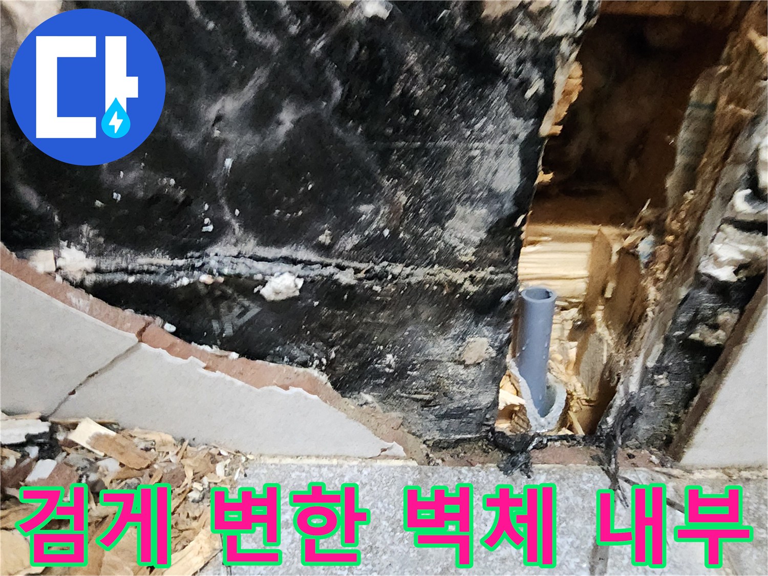 누수로 인해-검게 변하고 곰팡이가 피어있는-벽면 내부 모습