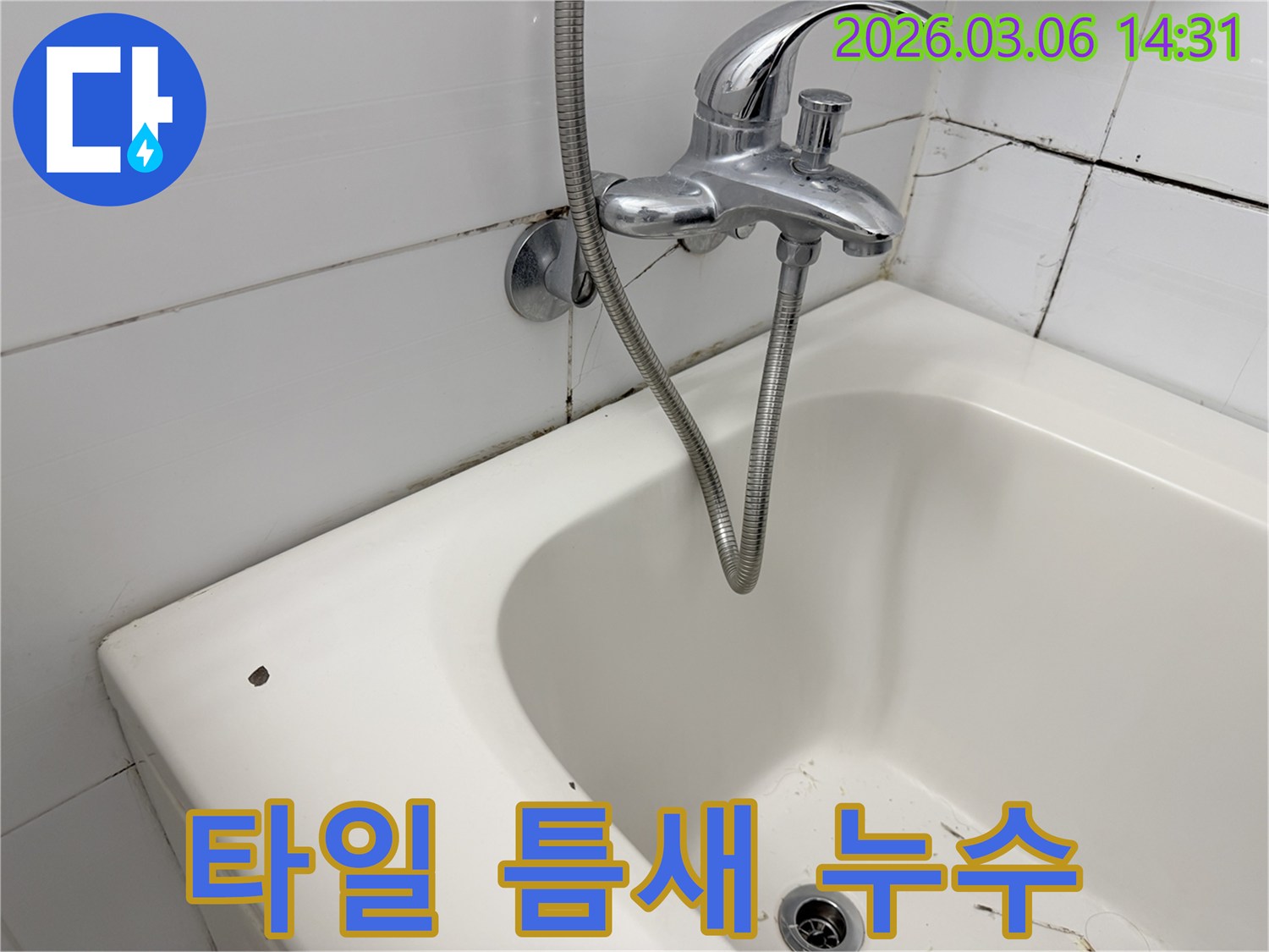 욕실 타일 사이의-줄눈이 손상되어-물이 스며들고-곰팡이가 발생한-모습을 보여주는-이미지입니다