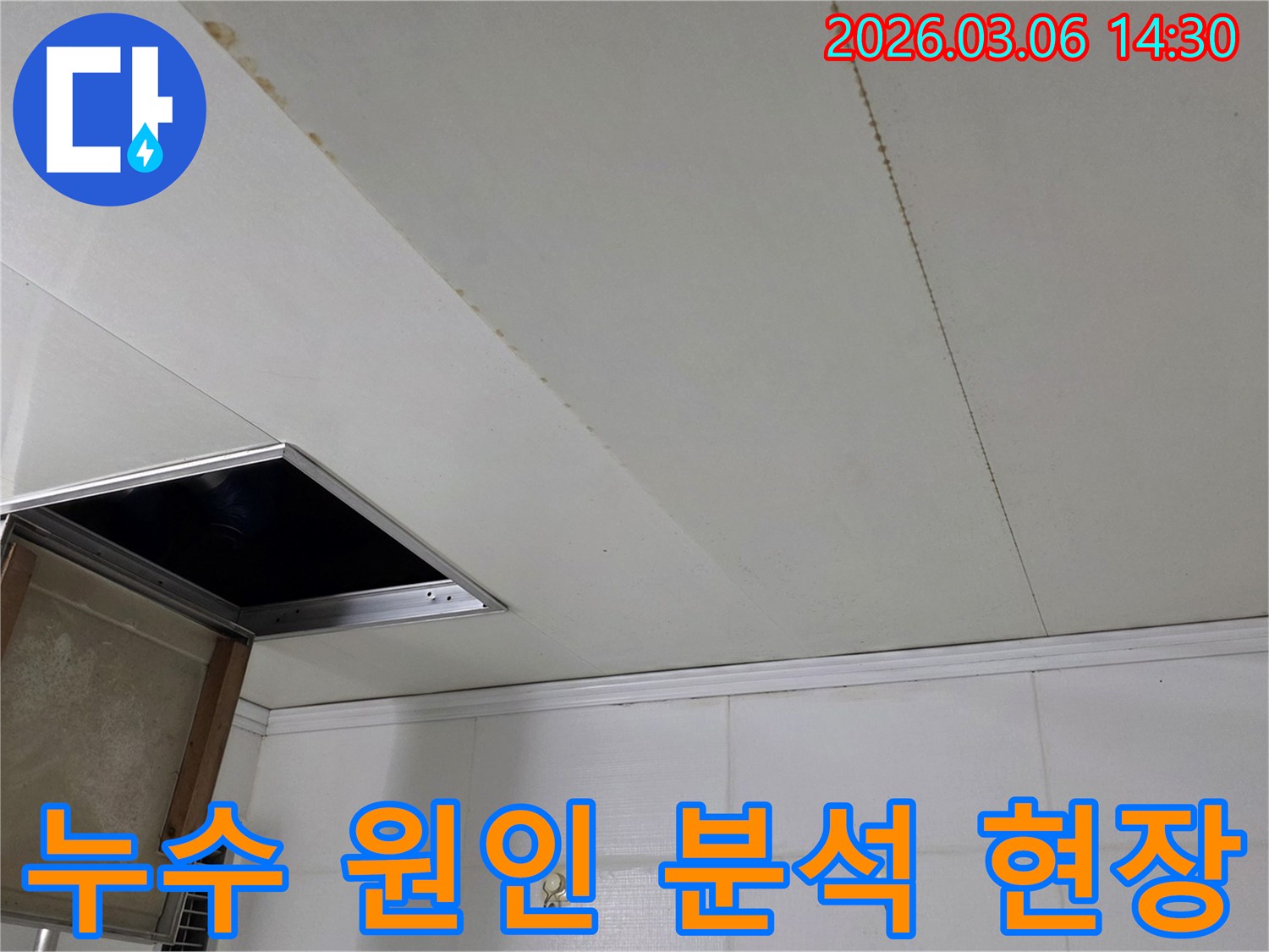천장 마감재에 나타난 물 얼룩과-점검구 주변의 누수 흔적을 담은-현장 이미지로-종합적인 원인 분석을 위한 자료