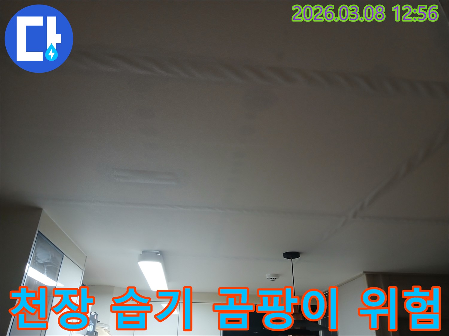 천장에 물이 스며들어-습기가 차고-곰팡이 발생이 우려되는 사진