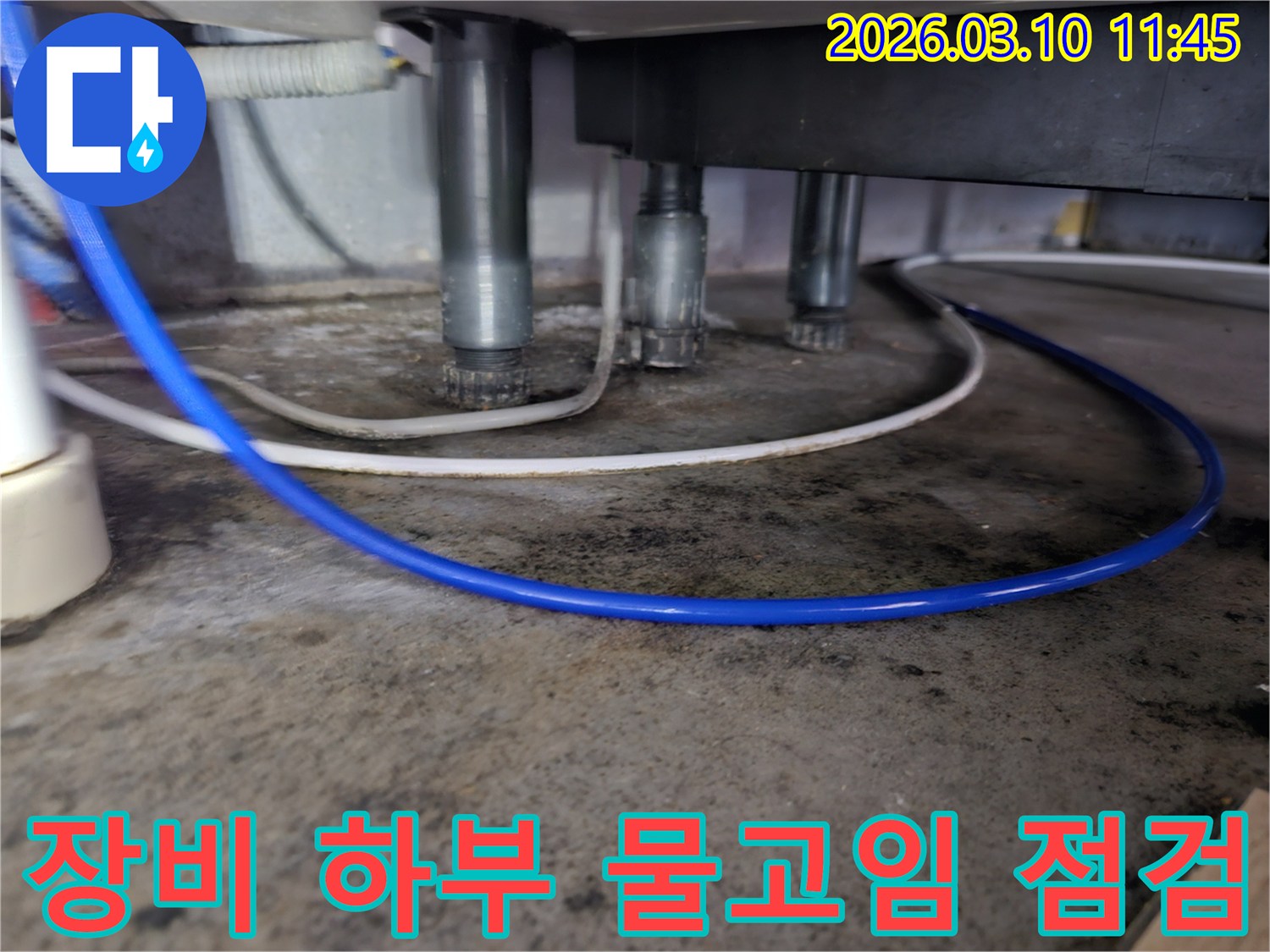 세탁기-또는-유사-장비의-하부에서-발견된-물고임-현상을-전문가가-면밀히-살펴보는-장면