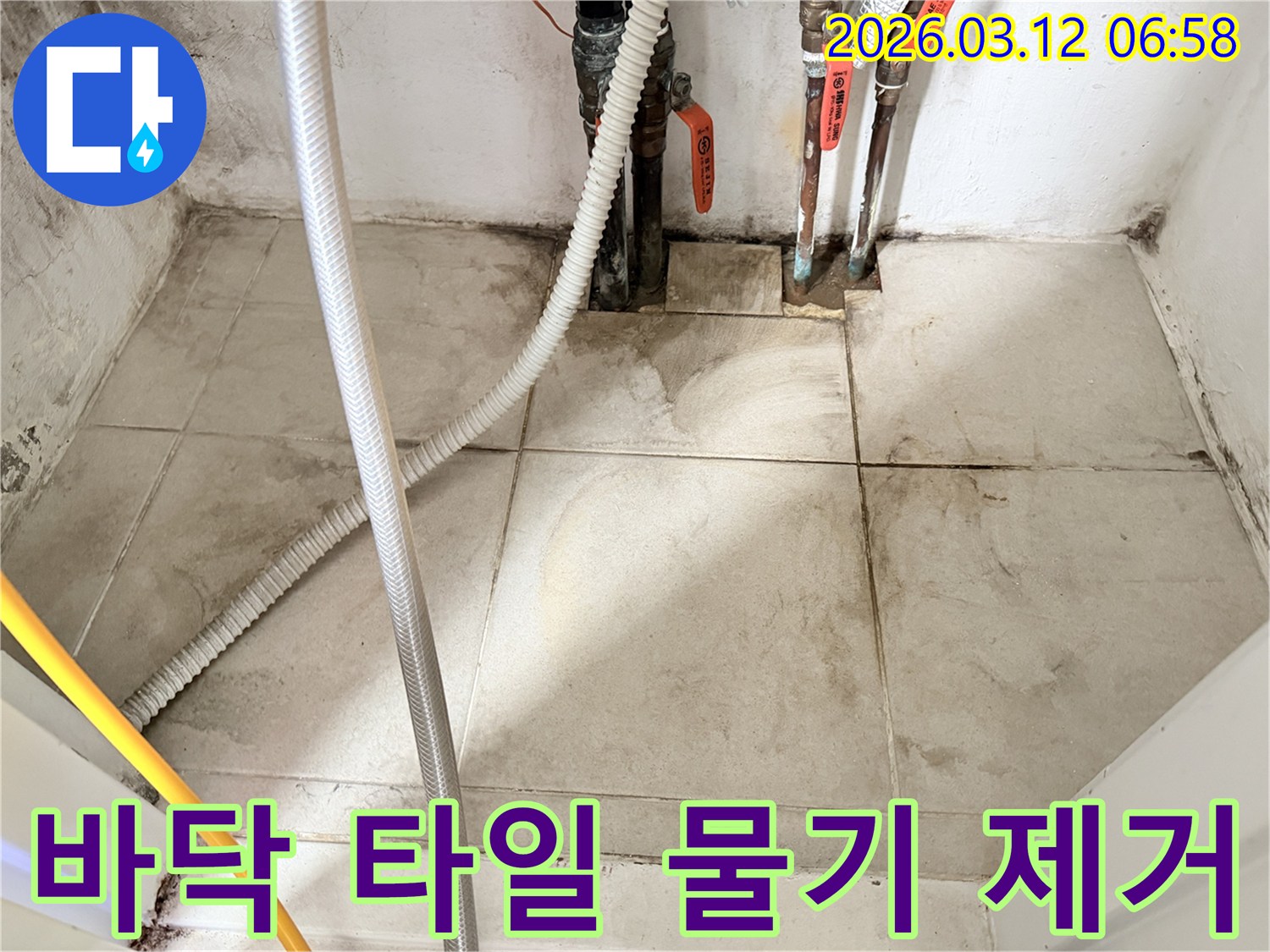 오염되고-젖은-바닥-타일과-줄눈의-상태를-보여주는-누수-현장-사진