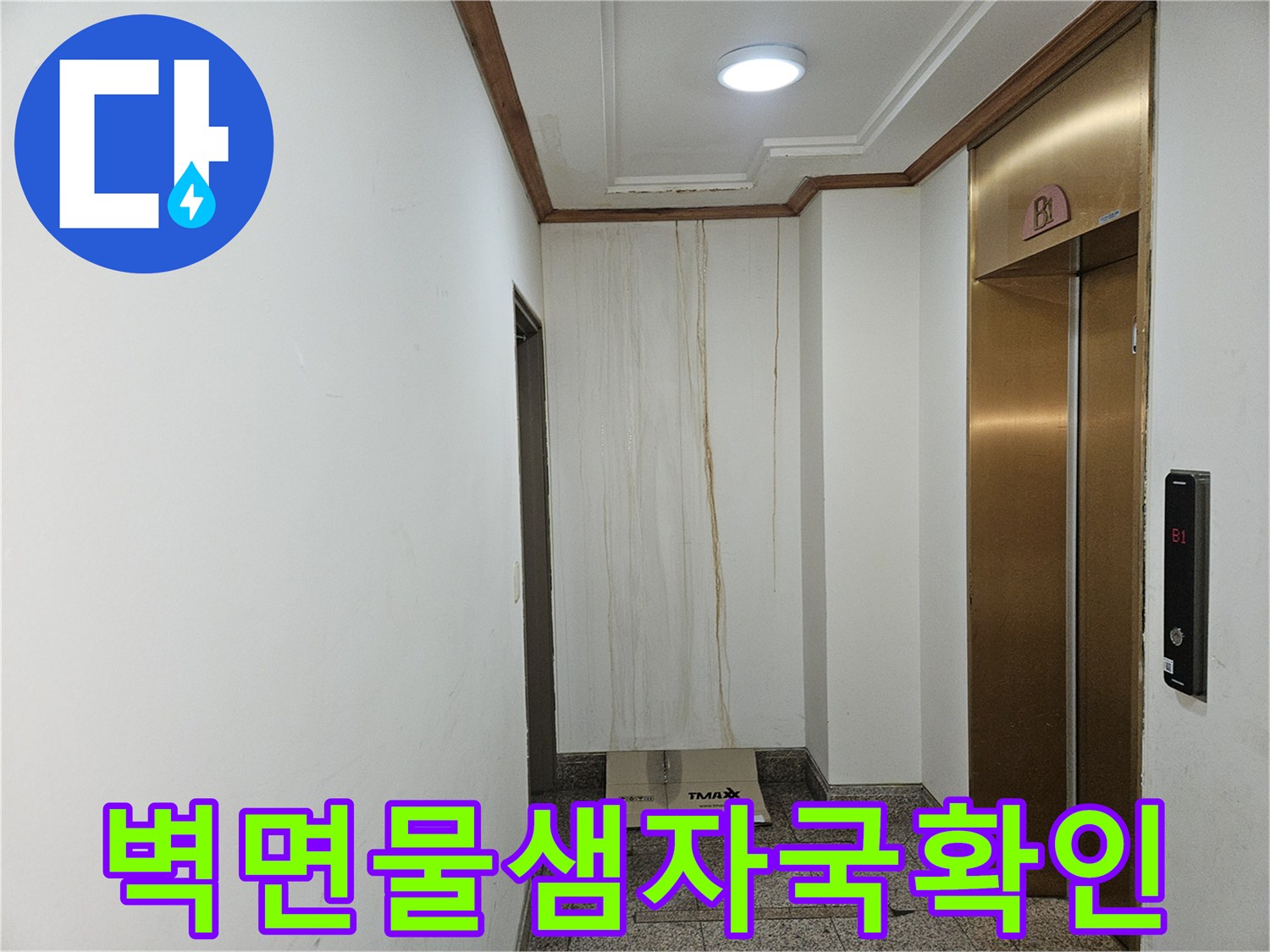 엘리베이터 옆 벽면에 형성된 누수 유입 경로