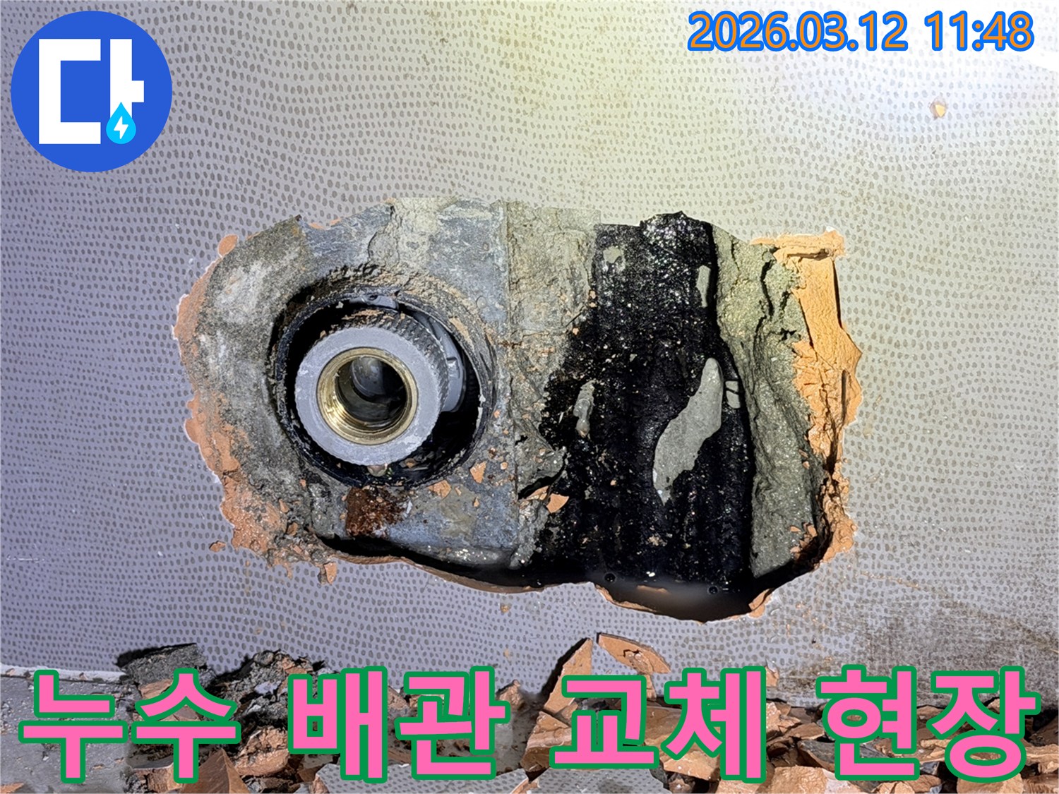 타일 아래 숨겨진-누수 지점을-정확히 파악하여-배관을 교체하는-숙련된 기술자의-작업 과정