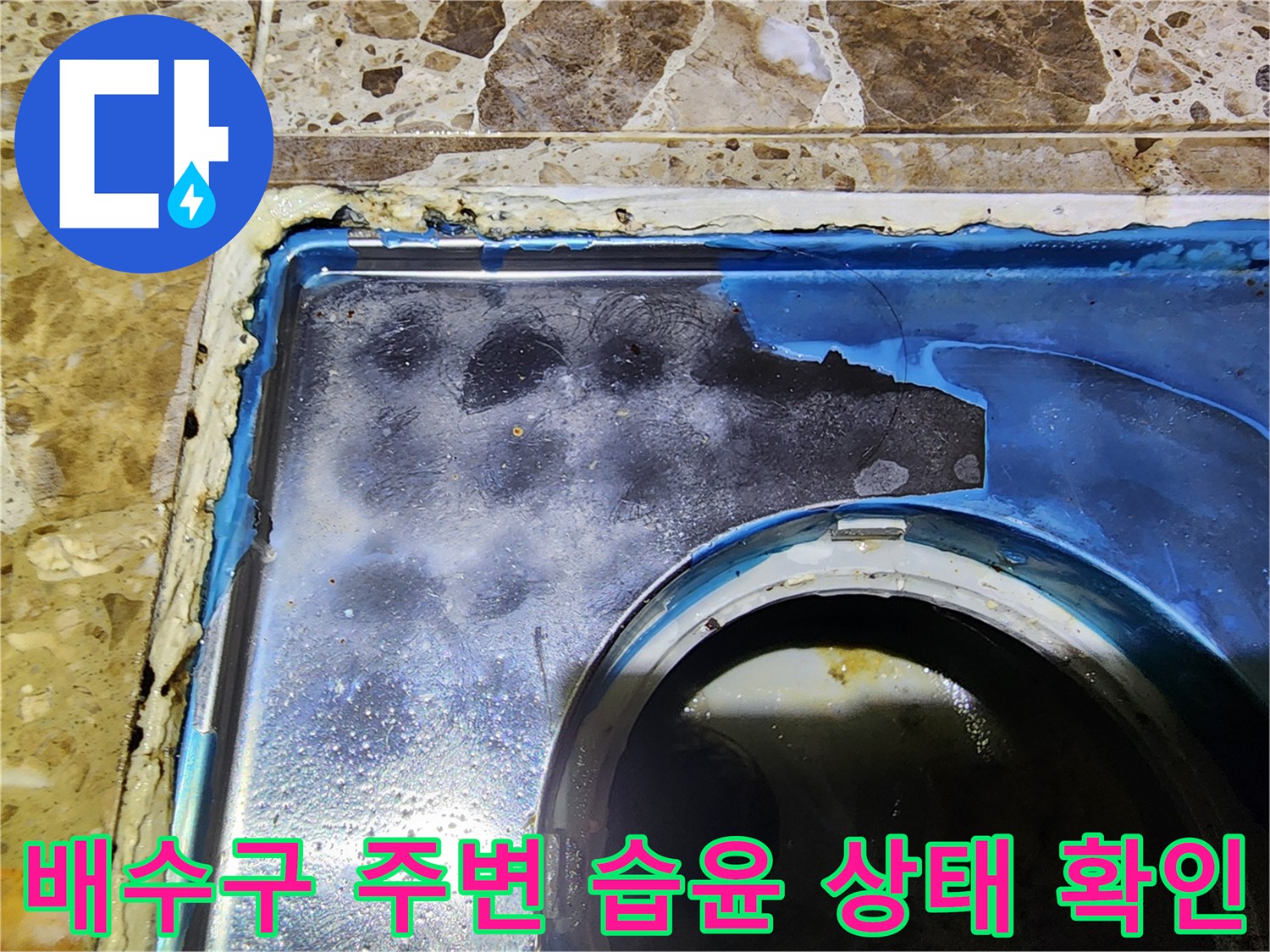 물기가 고여 있는 욕실 배수구 트랩 주변부