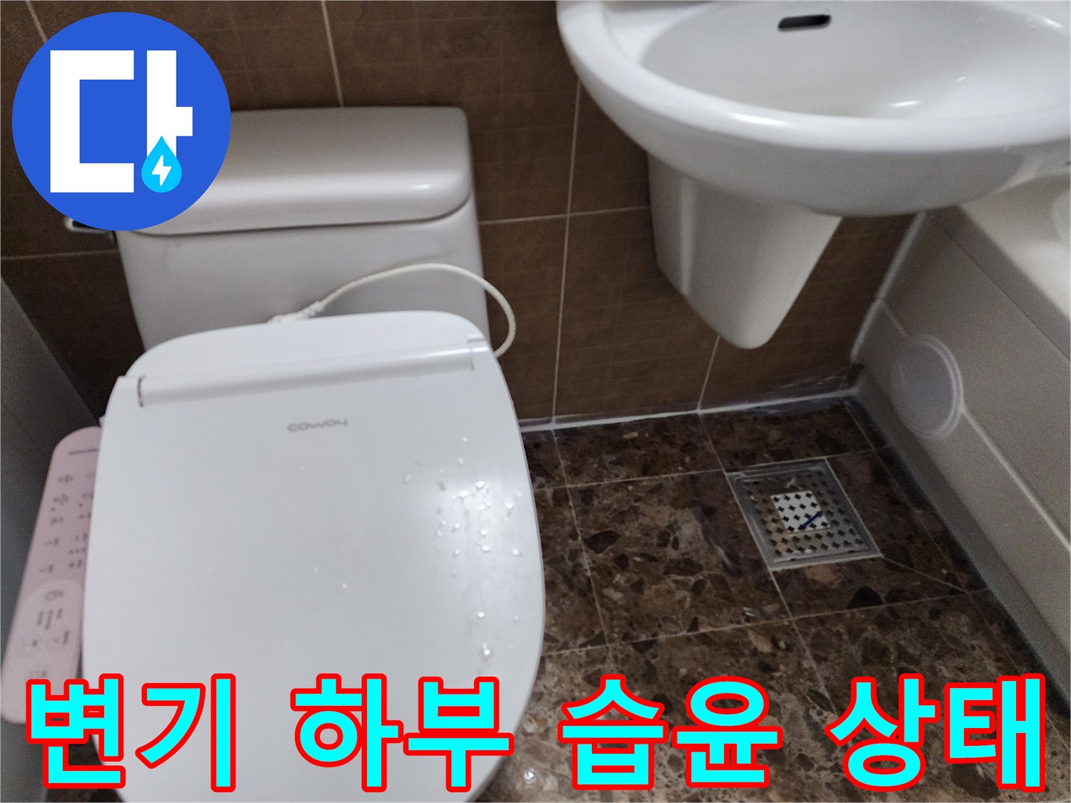 변기 옆 바닥 타일의 물맺힘과 배수구 위치