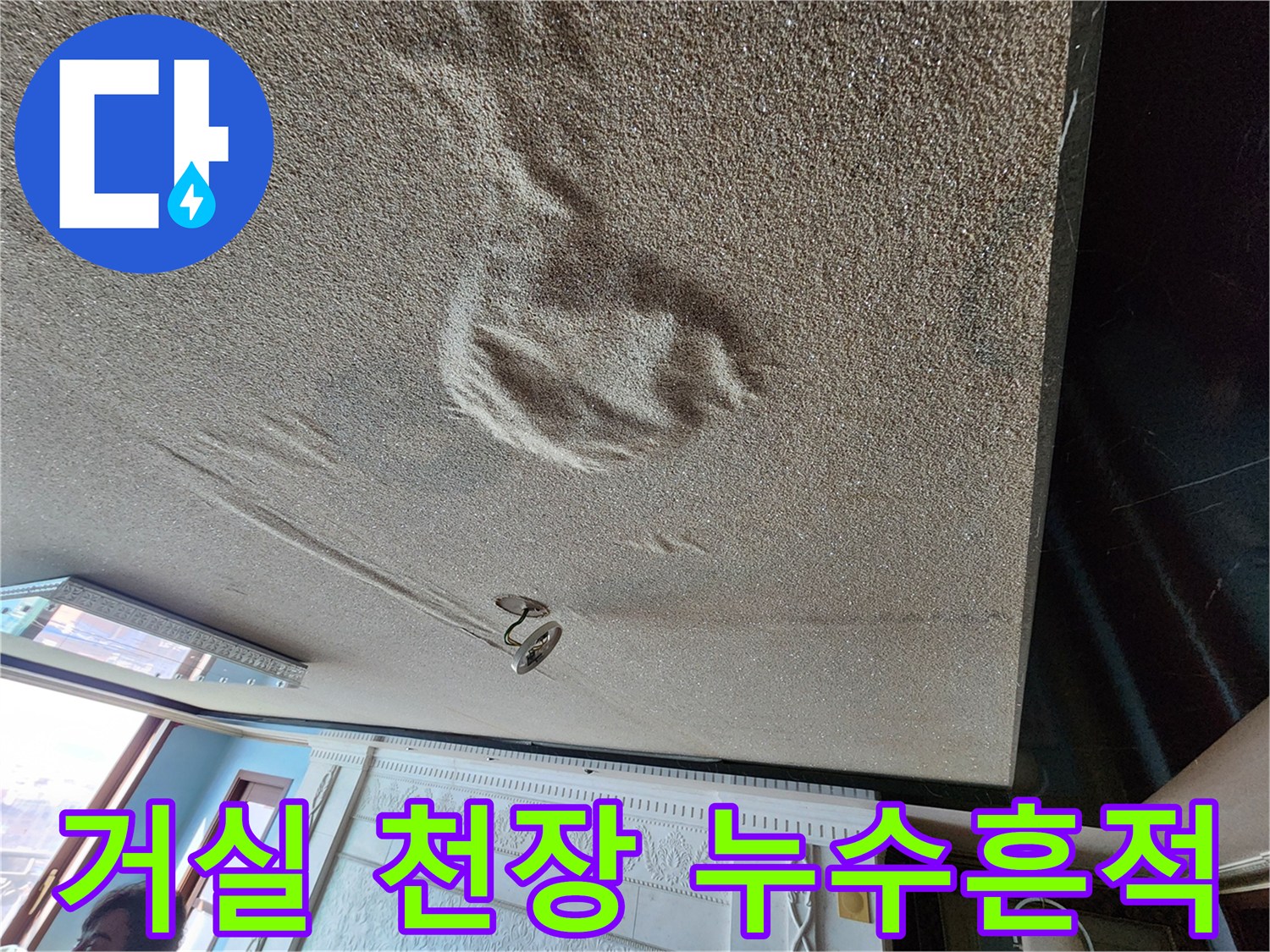 천장 마감재에 넓게 퍼진 젖은 물자국과 오염 부위