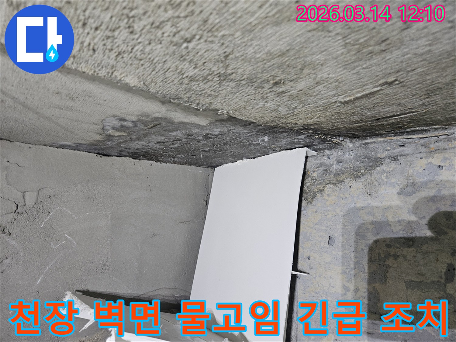 천장과-벽면의-접합부에서-발견된-물고임-현상에-대한-긴급 조치를-취하는-누수 현장