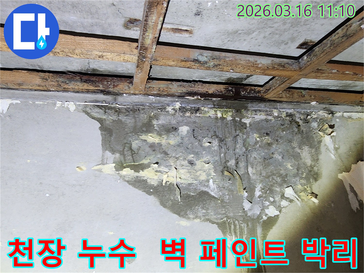 천장 누수로 인해 벽면의 페인트가 벗겨지고-물자국이 선명하게 남은 현장