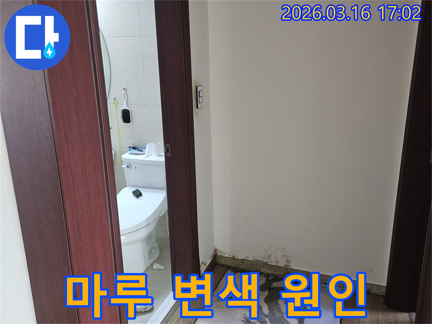 욕실 인접 공간의 마루가-누수로 인해-심하게 변색되고-손상된 현장 사진입니다