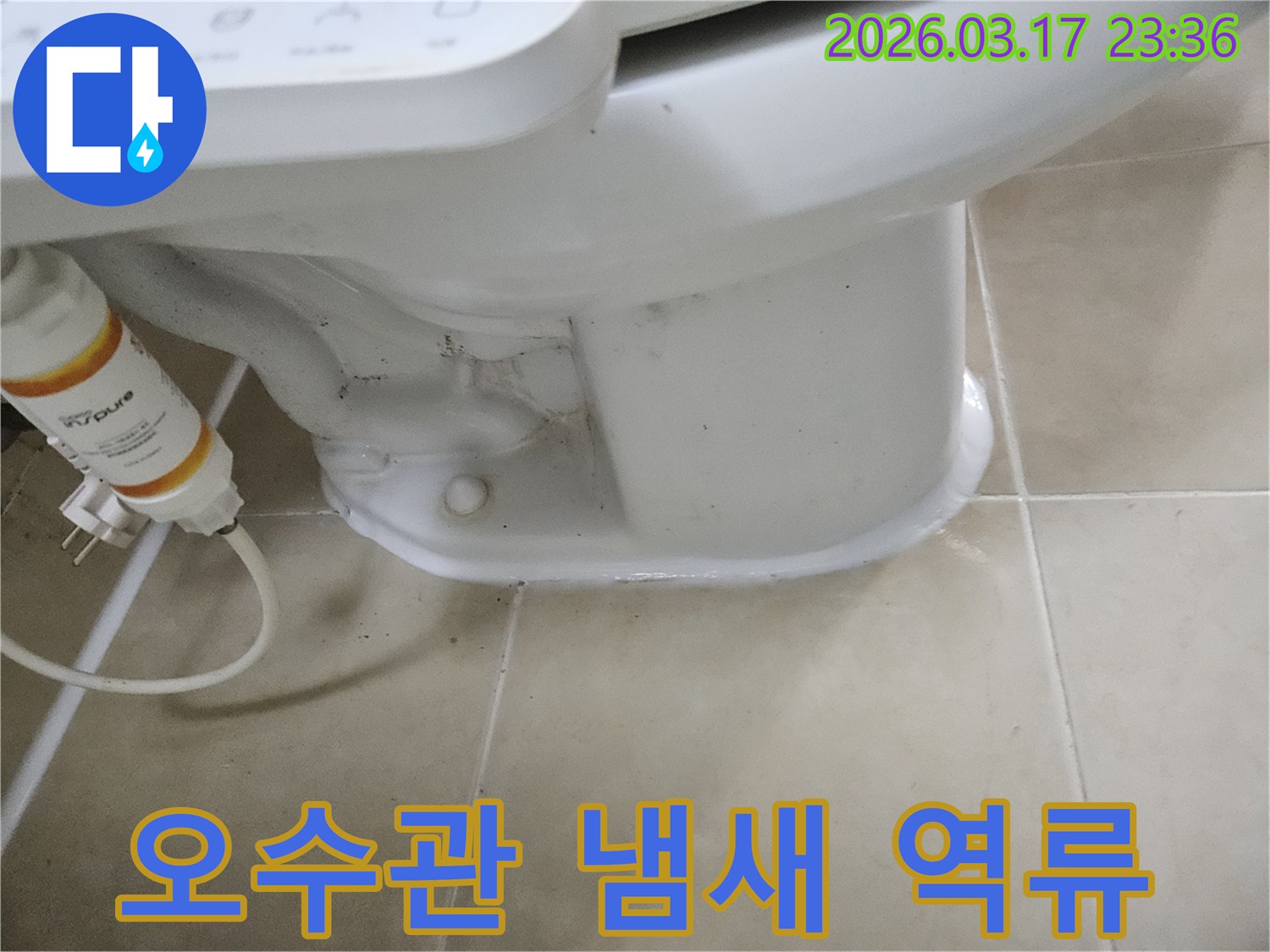 변기 하부 오수관에서 냄새가-역류하며 미세 누수가 발생한-현장을 진단하는 모습입니다.