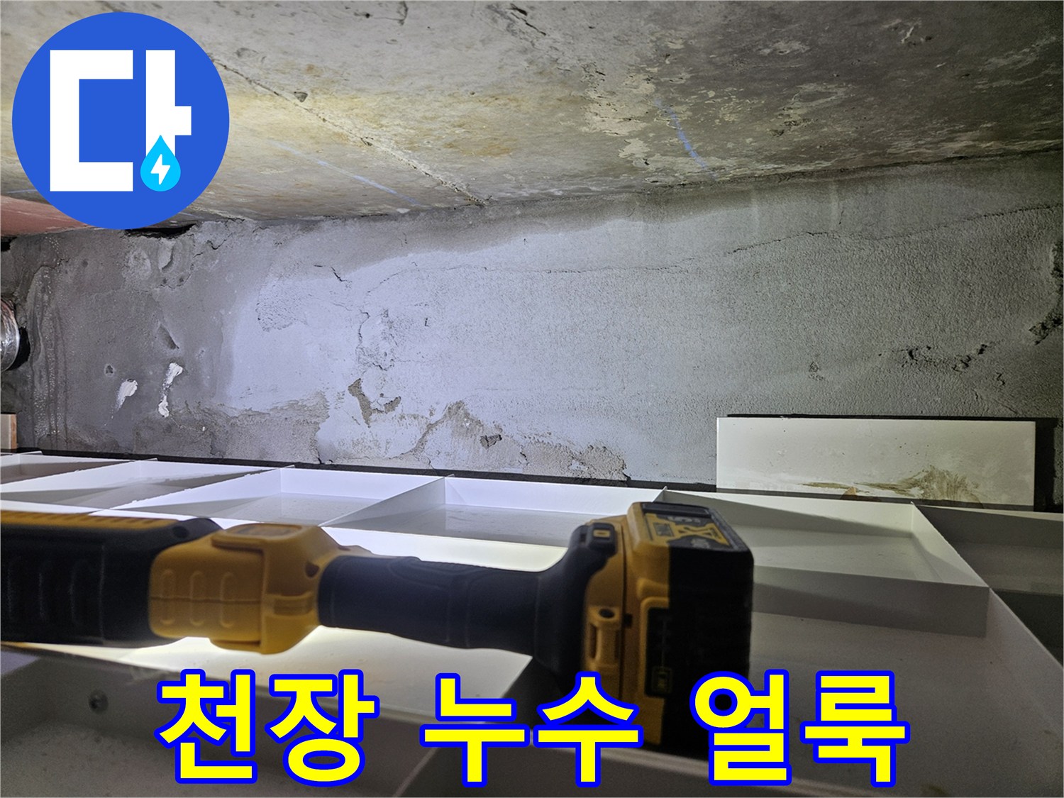 습기로 인해 변색된 천장 콘크리트 면적