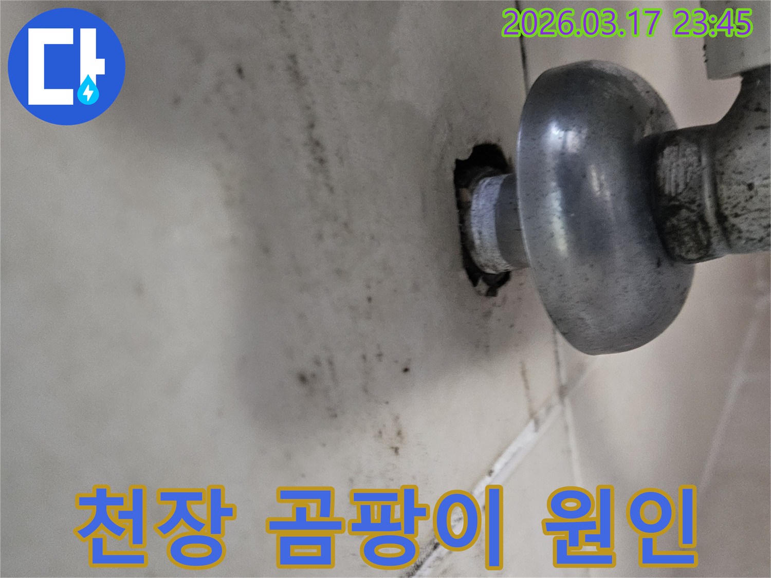 이 사진은 천장 배관 주변의 누수로 인해-곰팡이와 물때가 심하게 생긴 모습을 보여줍니다