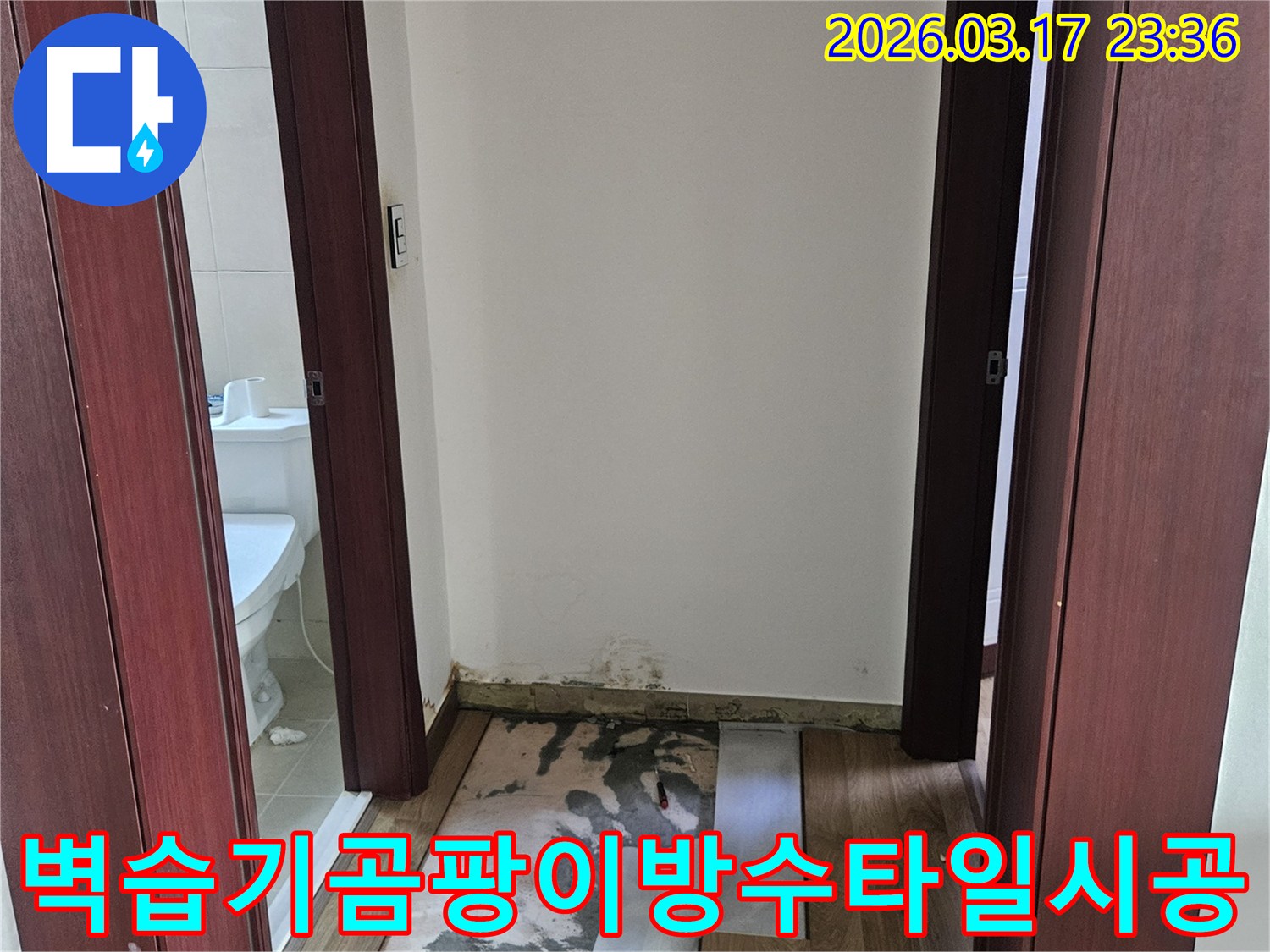 화성시 누수 현장에서-욕실 벽면 습기와 곰팡이를 제거하고-방수층을 전면 재시공한 후 타일 시공을 위해-벽을 개방한 모습입니다.
