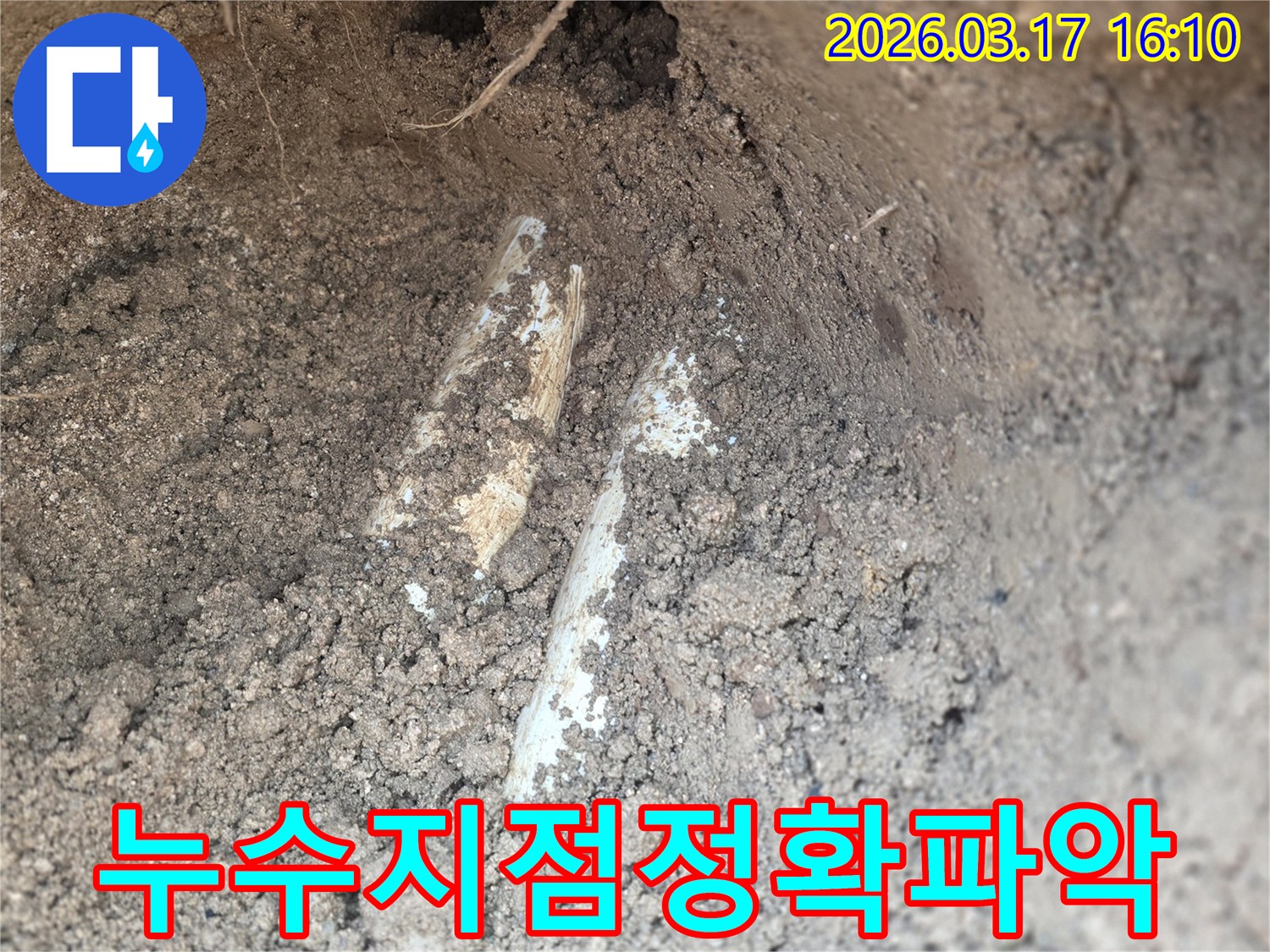 누수 공사를 위해-땅속에 묻힌 배관을-조심스럽게 노출시켜-정확한 지점을 파악하는 장면입니다.