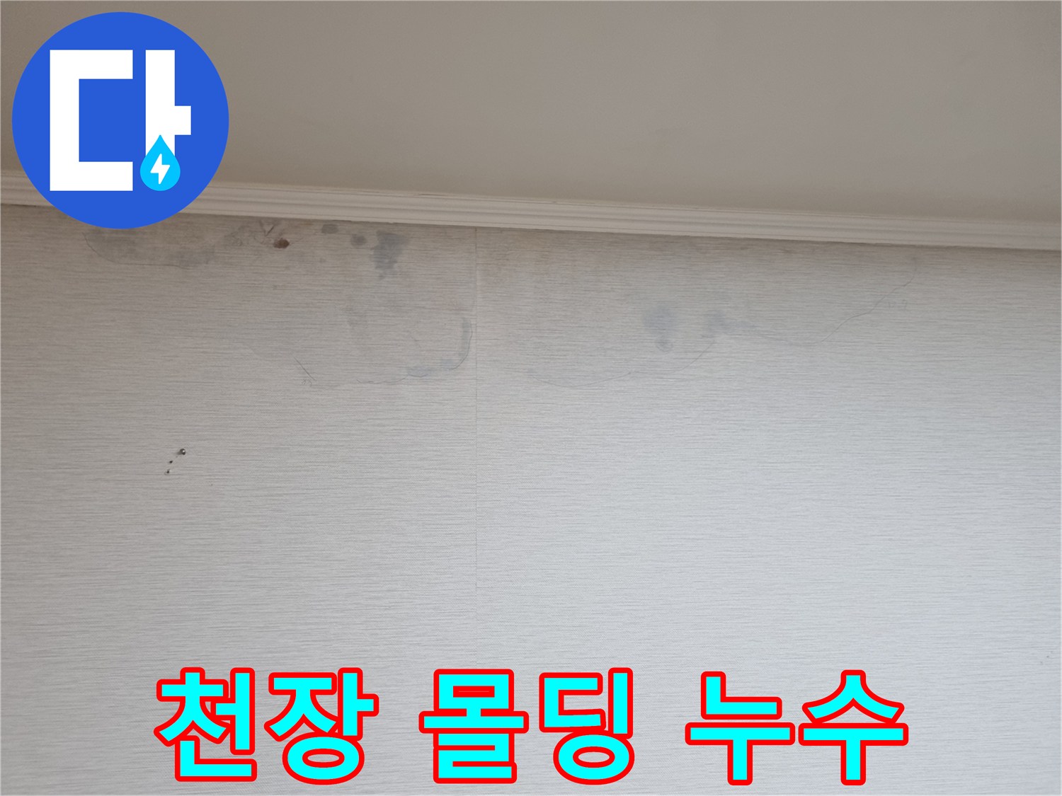 천장 경계부 벽지의 누수 흔적과 변색된 영역