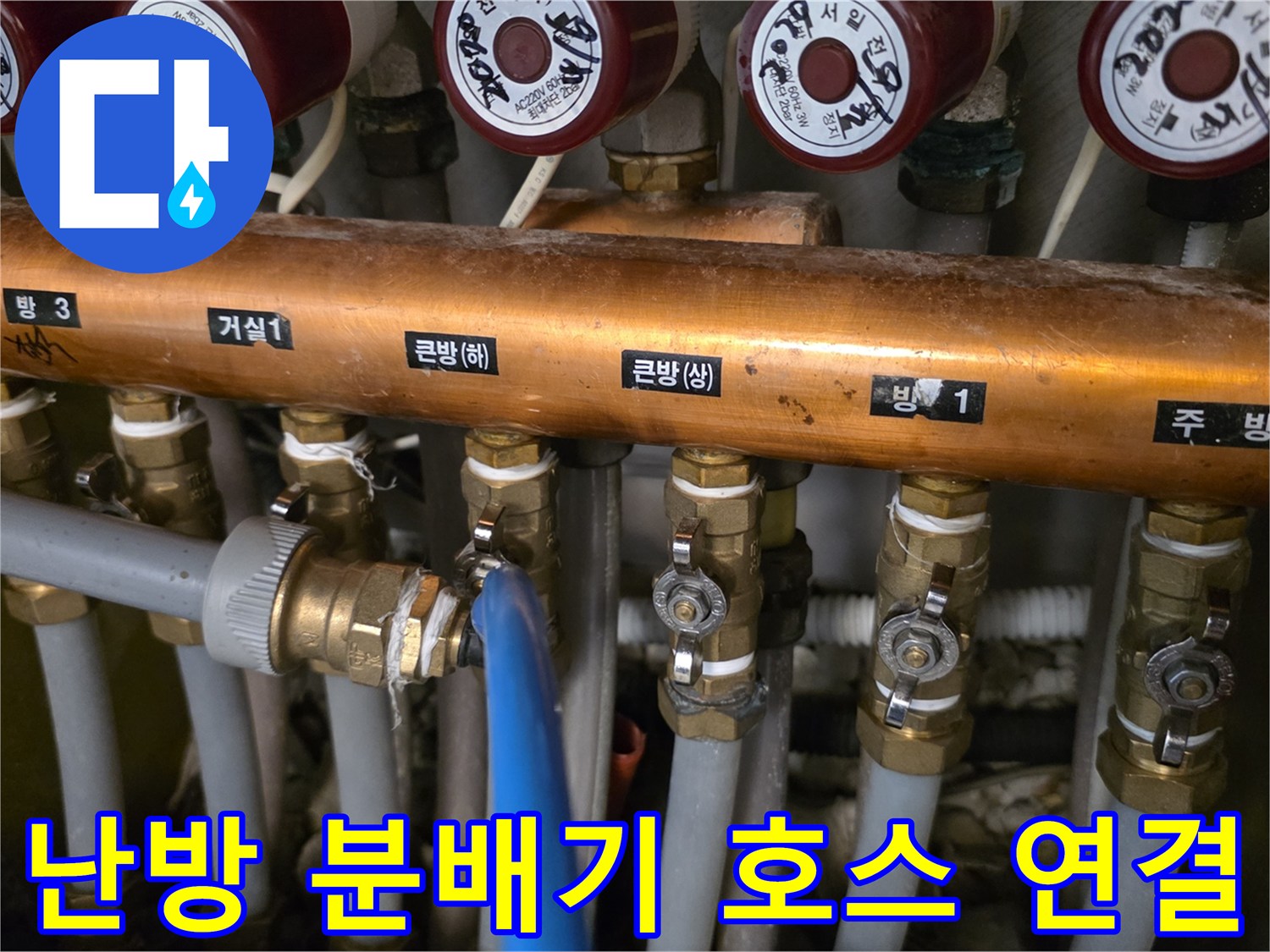 분배기 라인별로-연결된 파란색 공압 테스트 호스 모습